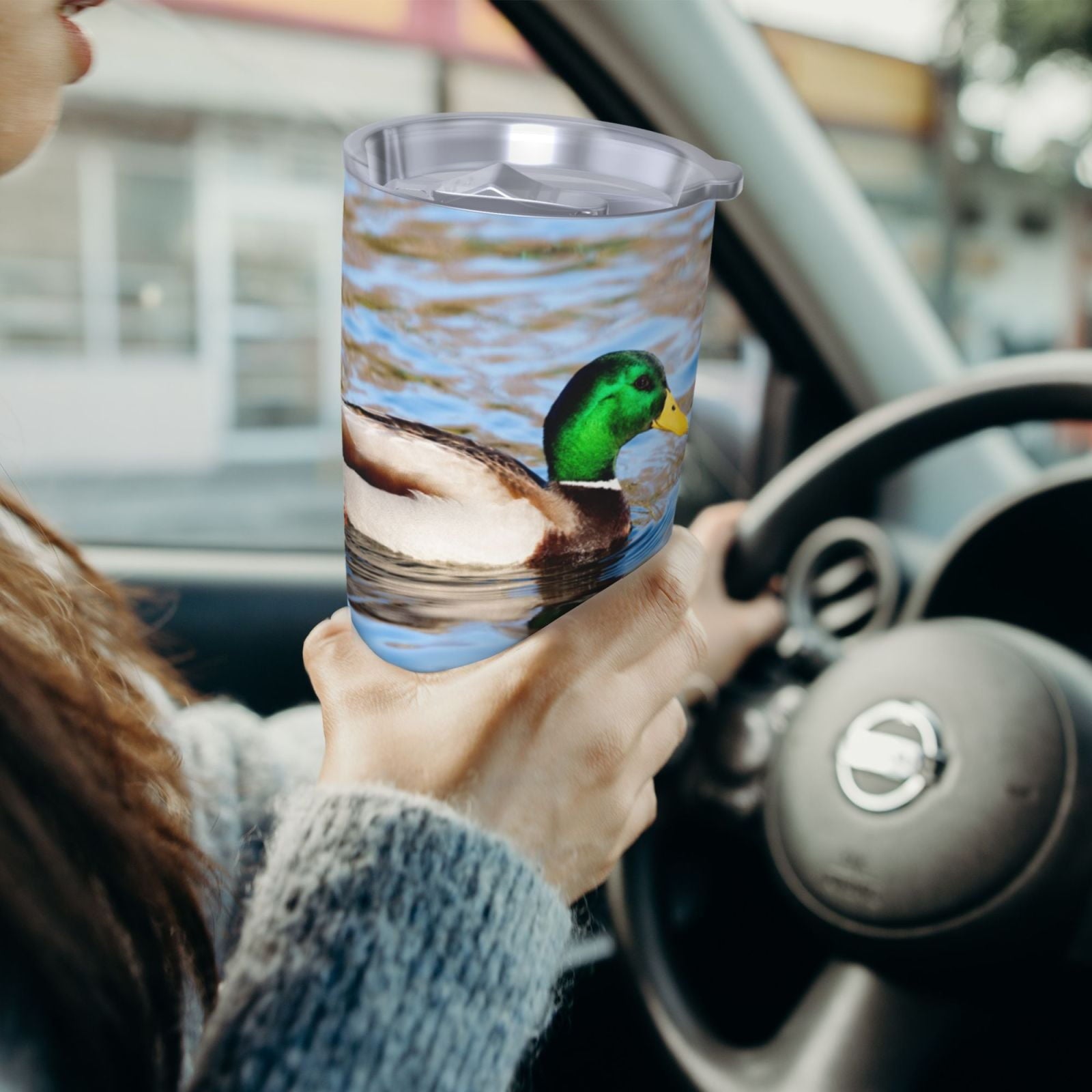 Logiee Mallard Duck Swimming In A River Print 20OZ Car Cup with Lid - Stainless Steel Vacuum Insulated Double Wall Travel Tumbler, Durable Insulated Coffee Mug, Thermal Cup with Straw-Without Straw