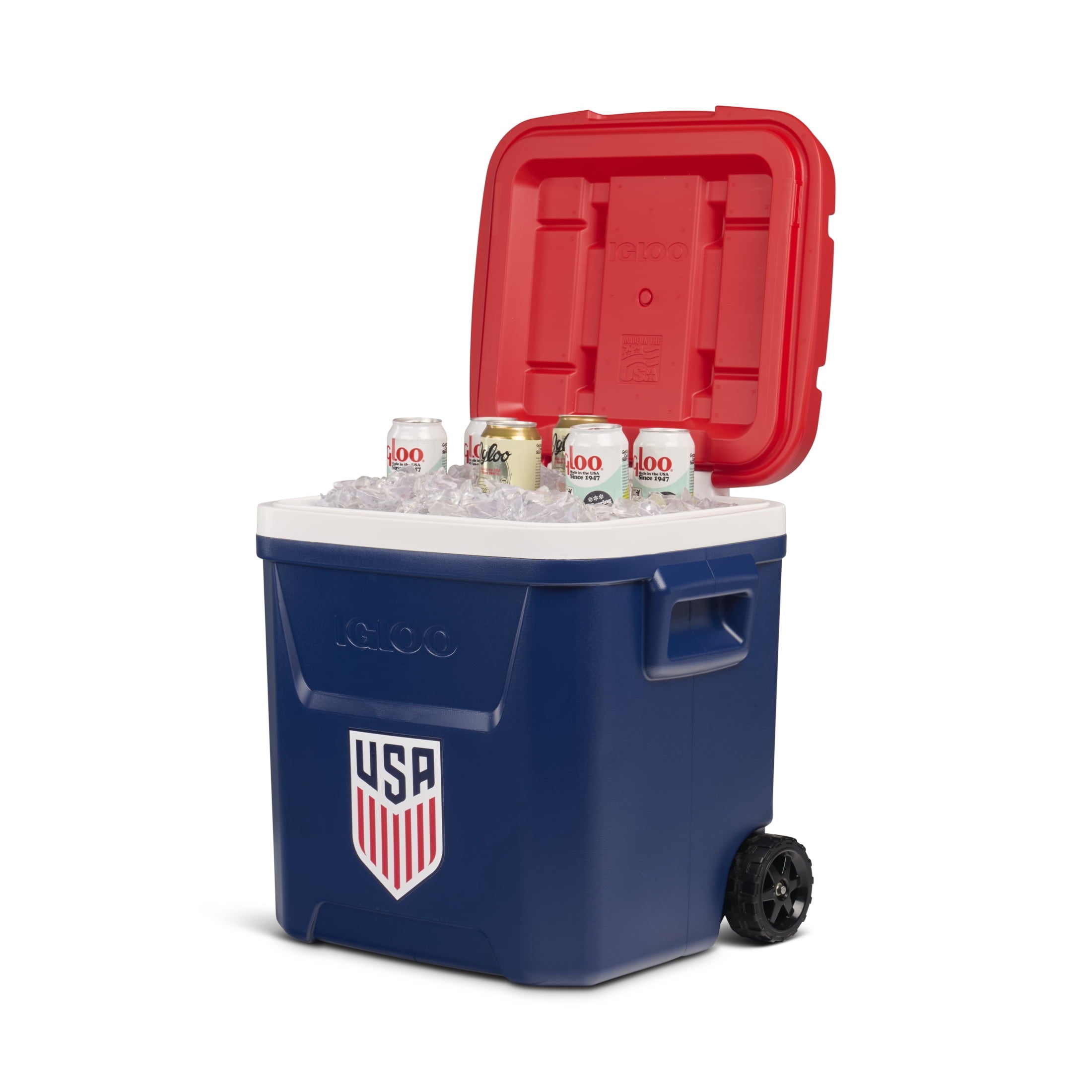 Igloo x USSF 60 QT Laguna Ice Chest Cooler with Wheels - US Soccer Rolling Cooler for Games and Practices, Red White and Blue