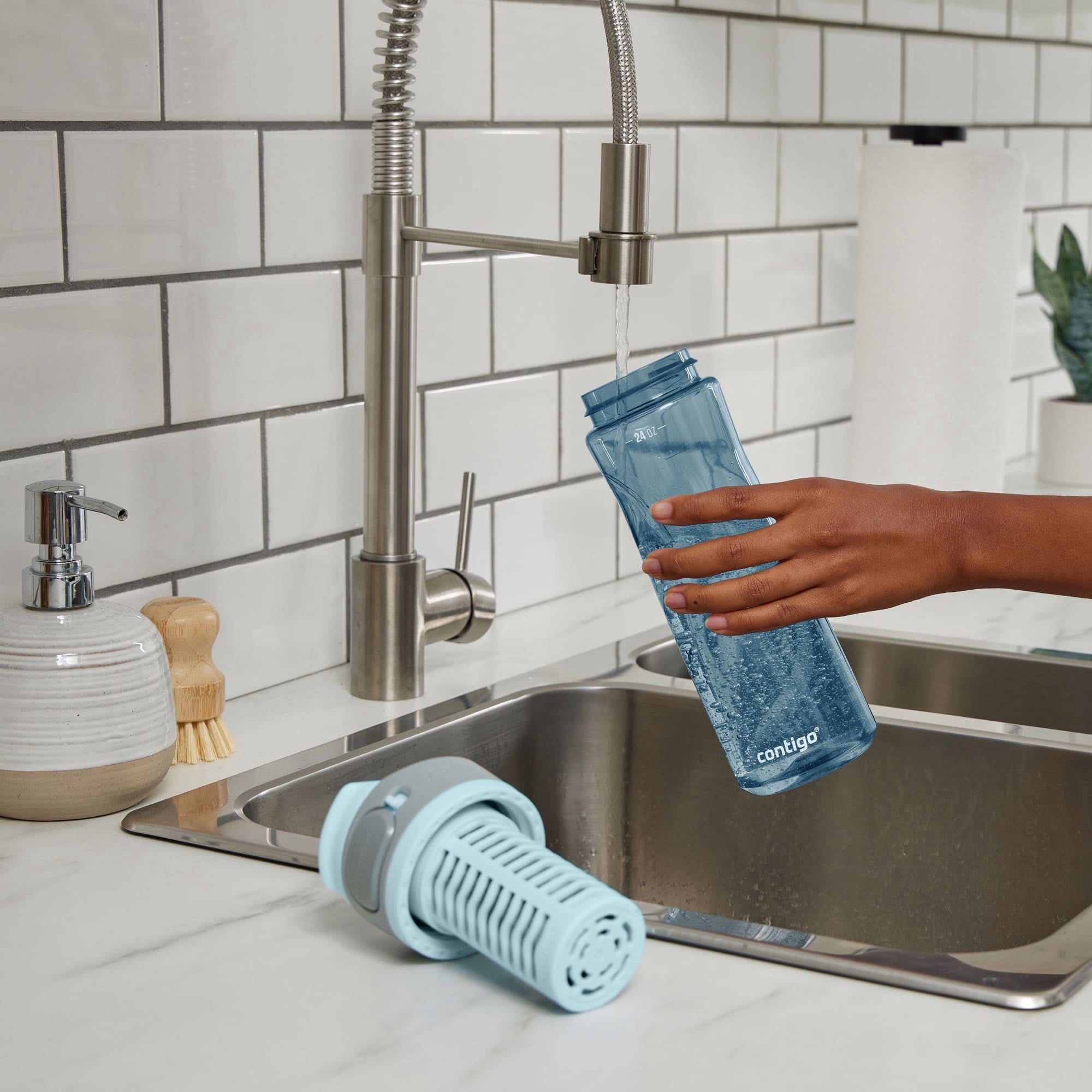 Contigo Clybourn Plastic FreeFlow Filter Water Bottle with AUTOSEAL Lid 24 oz. - Dark Ice, with Replacable Filter - 2-Pack
