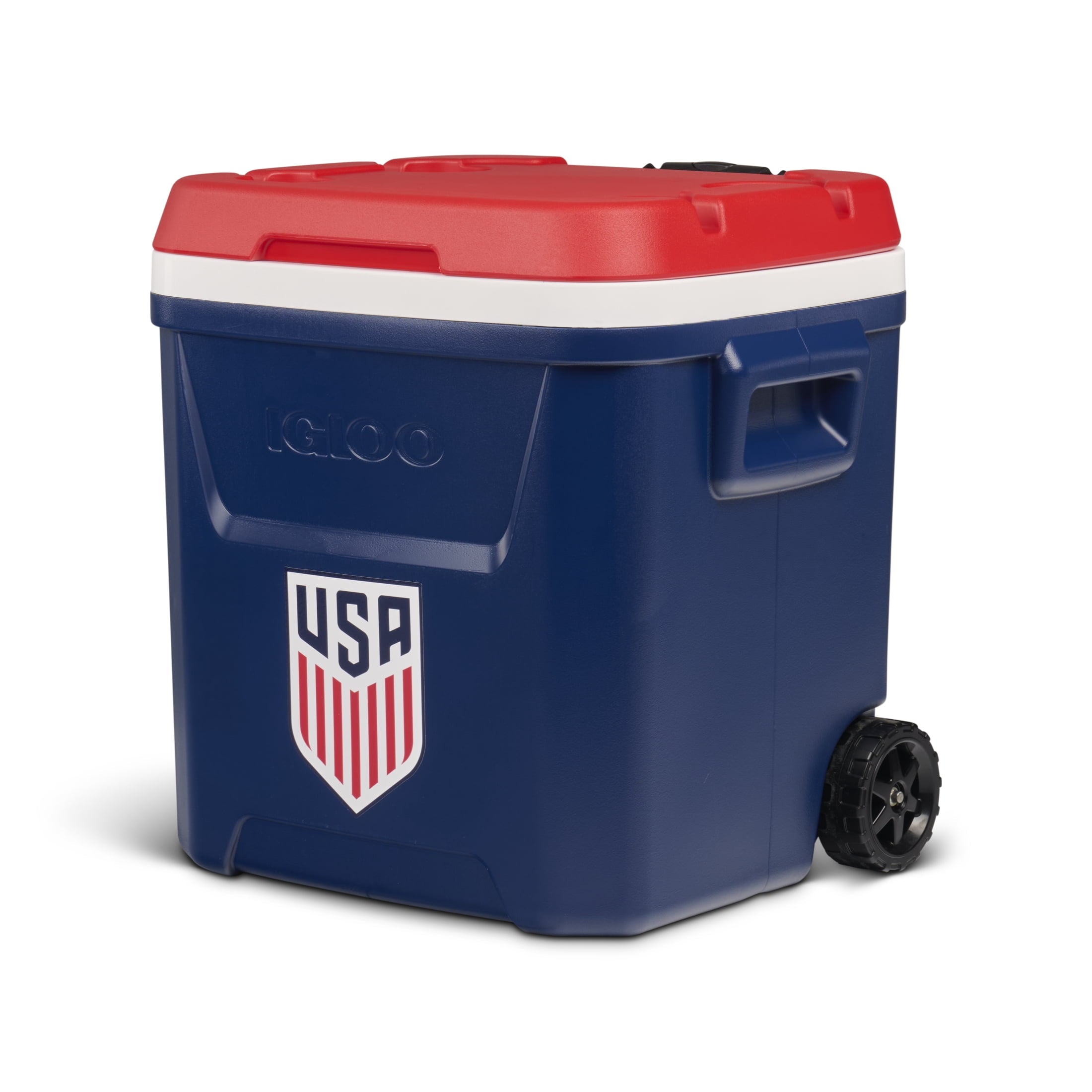 Igloo x USSF 60 QT Laguna Ice Chest Cooler with Wheels - US Soccer Rolling Cooler for Games and Practices, Red White and Blue