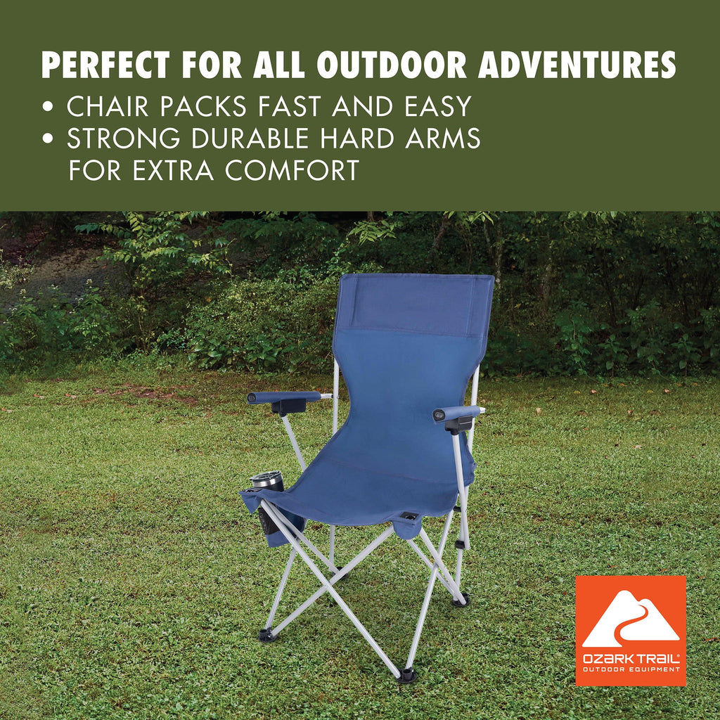 Ozark Trail Hard Arm Camping Chair with Durable Polyester Seat and Steel Frame - Portable with Cup Holder