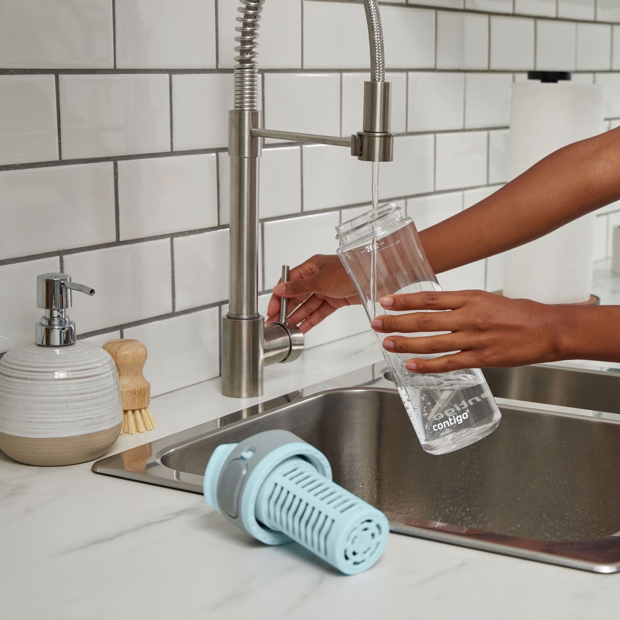 Contigo Clybourn Plastic FreeFlow Filter Water Bottle with AUTOSEAL Lid 24 oz. - Salt, with Replacable Filter - 2-Pack