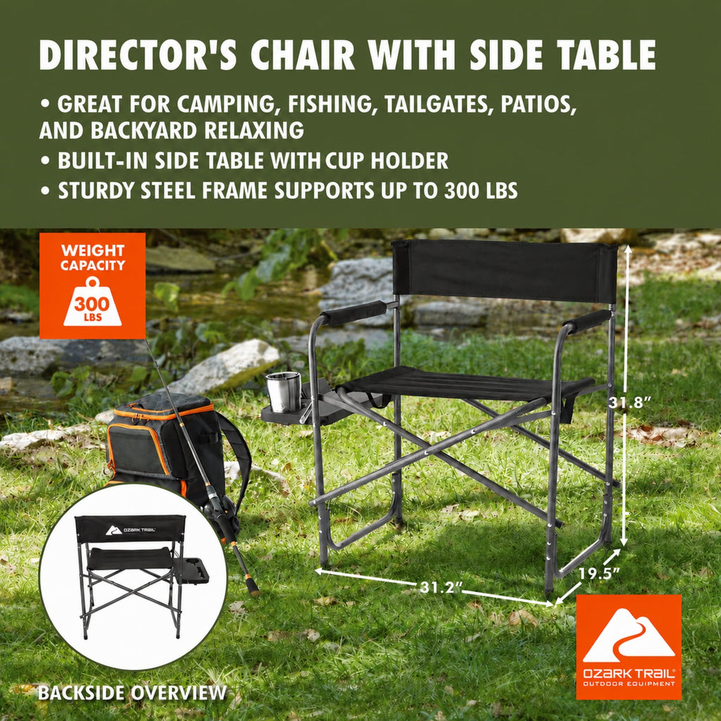 Ozark Trail Director Chair with Side Table - Black