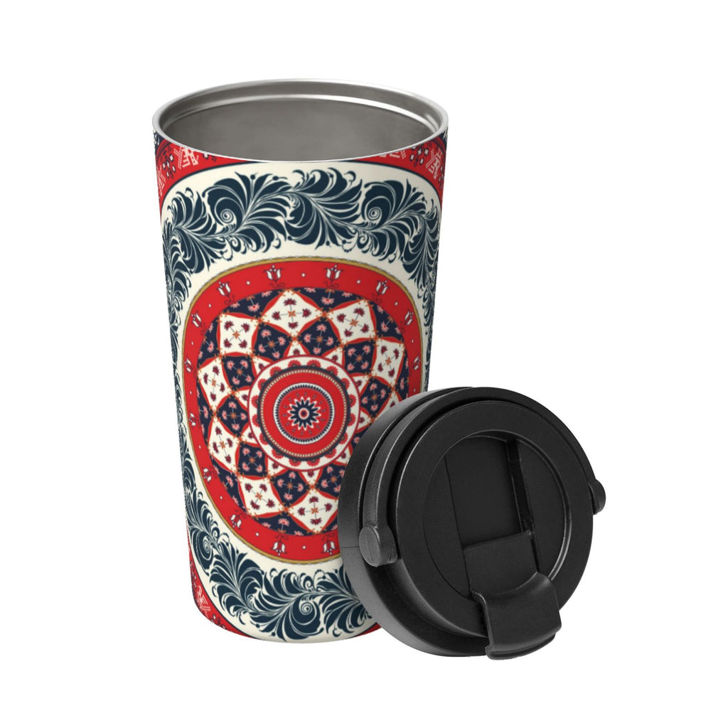 Picia Round Design Pattern 500ml Carry Insulated Coffee Mug - Stainless Steel Travel Mug with Hidden Handle, Leak-Proof for Car, Office, Home, and Outdoor Use