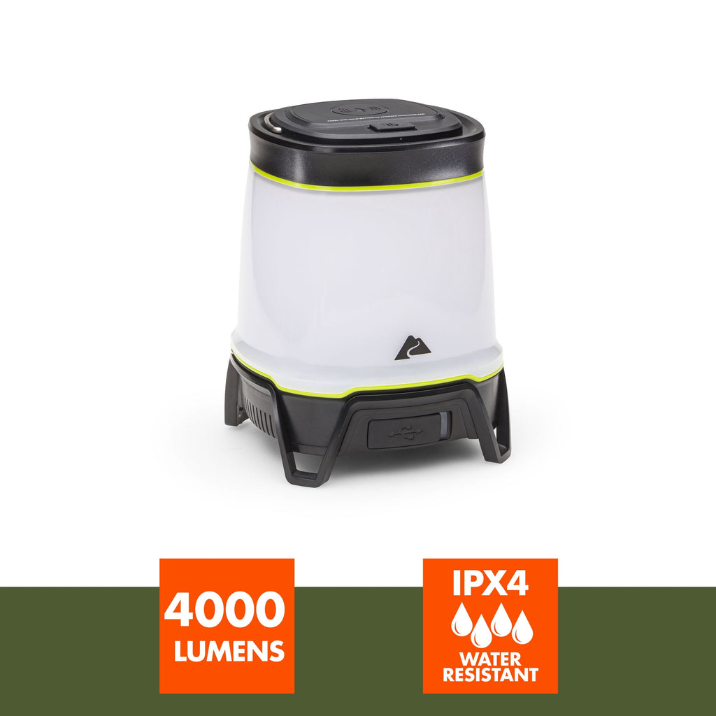 Ozark Trail 4000 Lumen Rechargeable LED Lantern with Qi Wireless Charging Pad – 4 Light Modes - Water-Resistant, Green and Gray