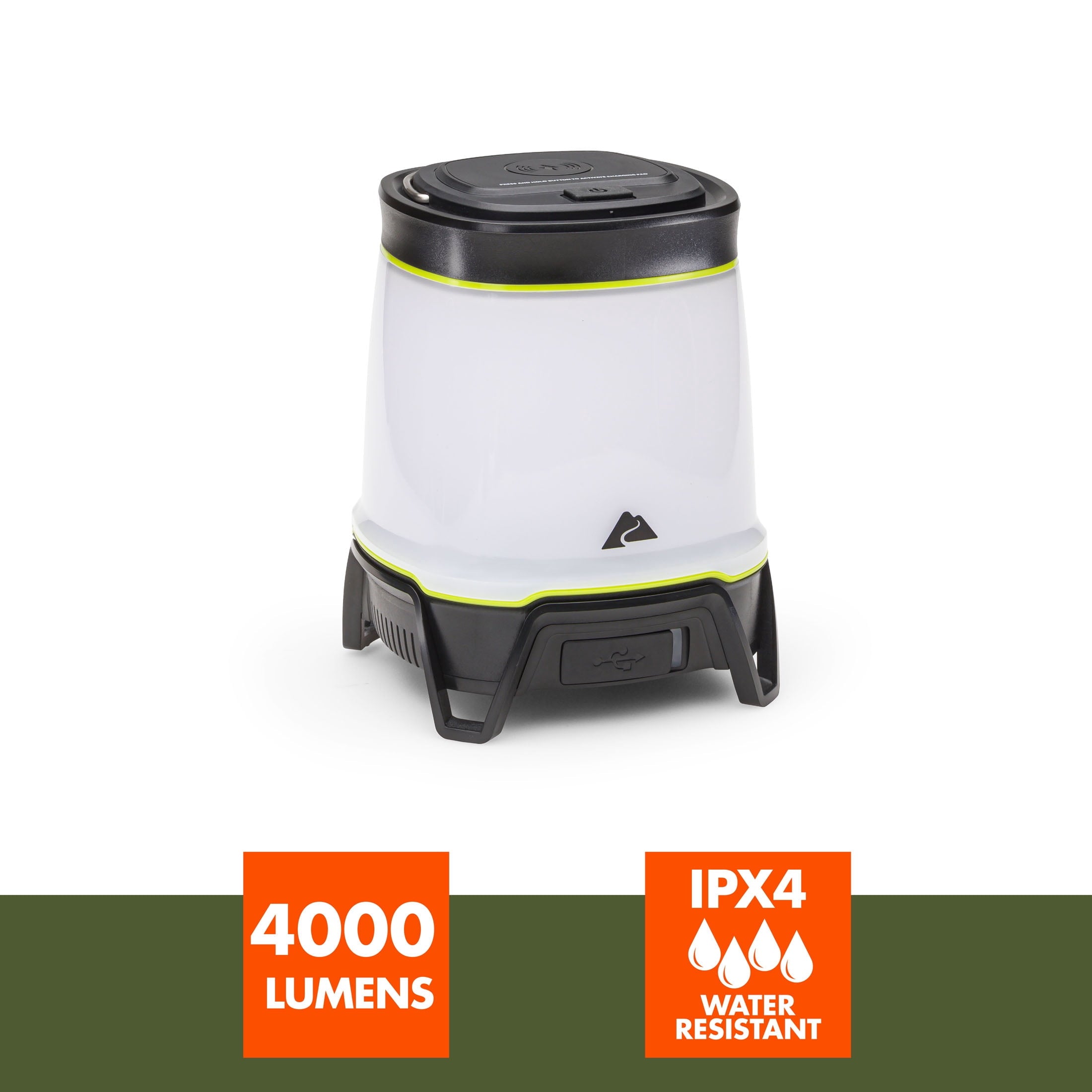 Ozark Trail 4000 Lumen Rechargeable LED Lantern with Qi Wireless Charging Pad – 4 Light Modes - Water-Resistant, Green and Gray