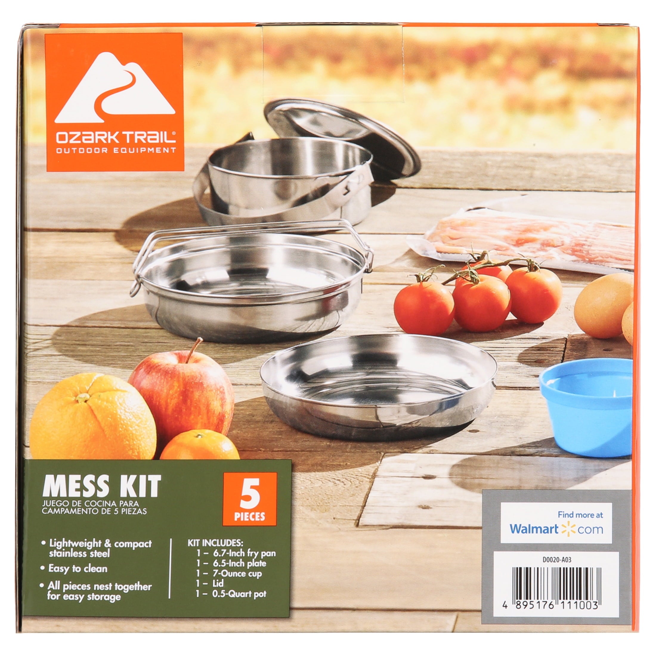 Ozark Trail 5-Piece Stainless Steel - Aluminum, and Plastic Space-Saving Cookware Camping Mess Kit