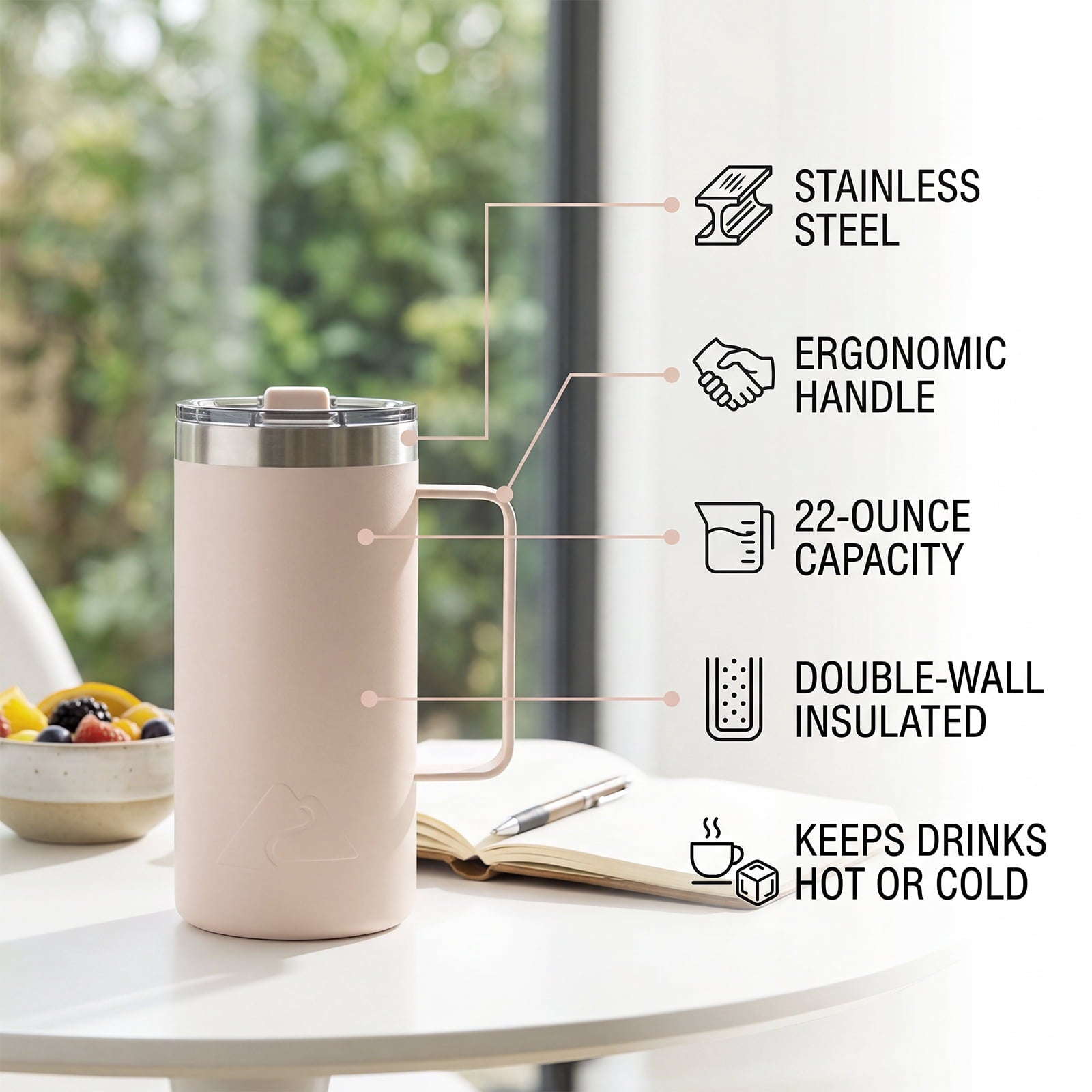 Ozark Trail 22oz Ceramic Lined Stainless Steel Insulated Coffee Mug with Magnetic Tritan Transparent Slider Lid - Frosted Peach