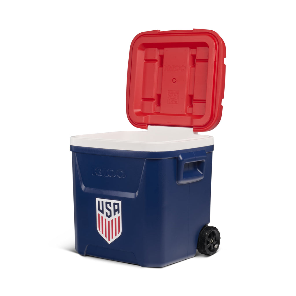 Igloo x USSF 60 QT Laguna Ice Chest Cooler with Wheels - US Soccer Rolling Cooler for Games and Practices, Red White and Blue