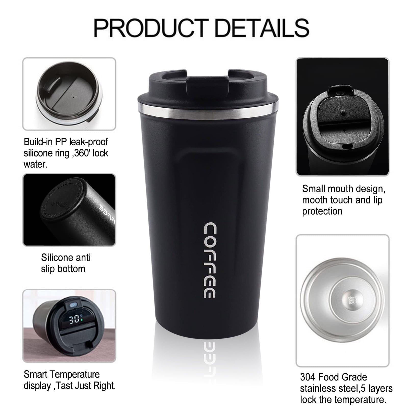 Stainless Steel Travel Thermal Coffee Mug Cup with Lid Vacuum Insulated Leak-Proof 17Oz - Portable Car Commuter Office Camping Coffee Cup, Double Wall Reusable Metal Coffee Flask, Cup*1 Piece