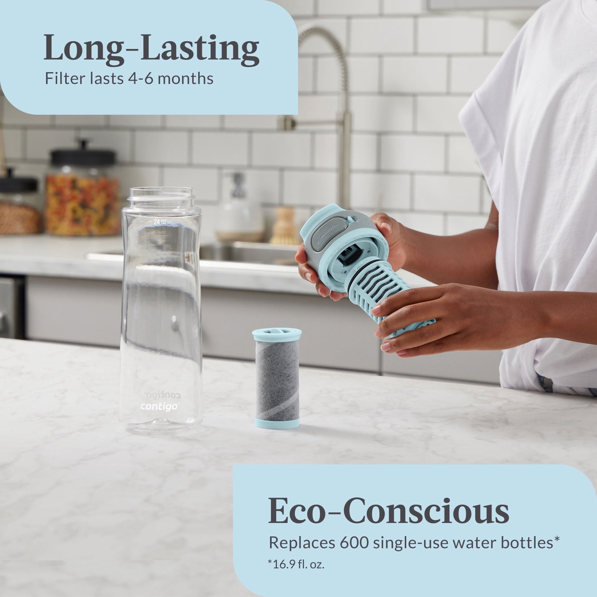 Contigo Clybourn Plastic FreeFlow Filter Water Bottle with AUTOSEAL Lid 24 oz. - Salt, with Replacable Filter - 2-Pack