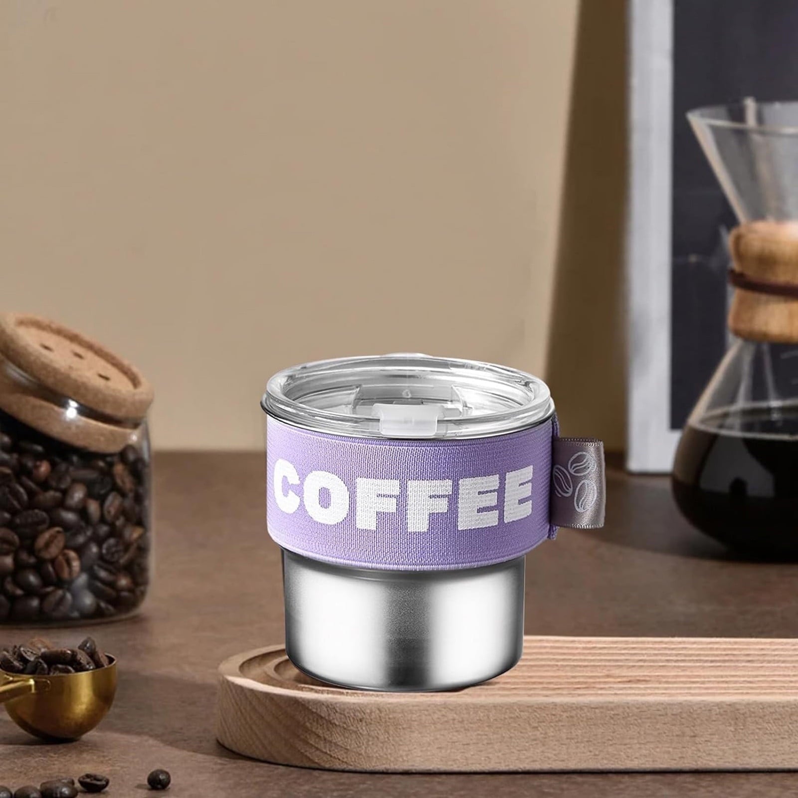 Insulated Coffee Cup with Lid - 400ML Stainless Steel Travel Mug Portable Leak Proof Design Elastic Sleeve for Home and Car Use