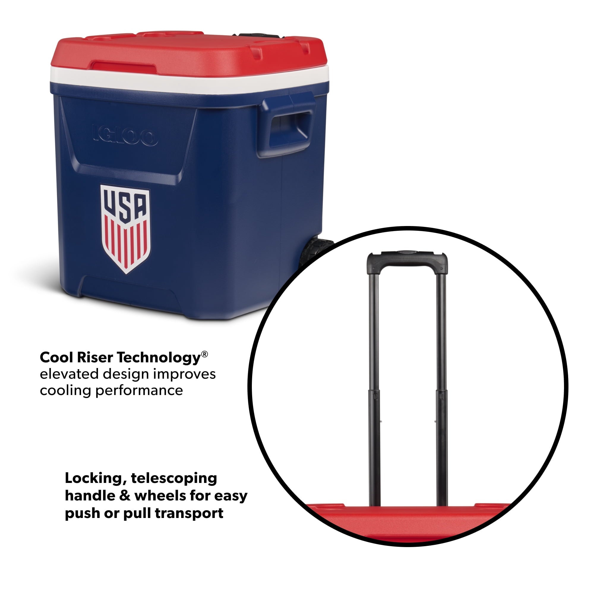 Igloo x USSF 60 QT Laguna Ice Chest Cooler with Wheels - US Soccer Rolling Cooler for Games and Practices, Red White and Blue