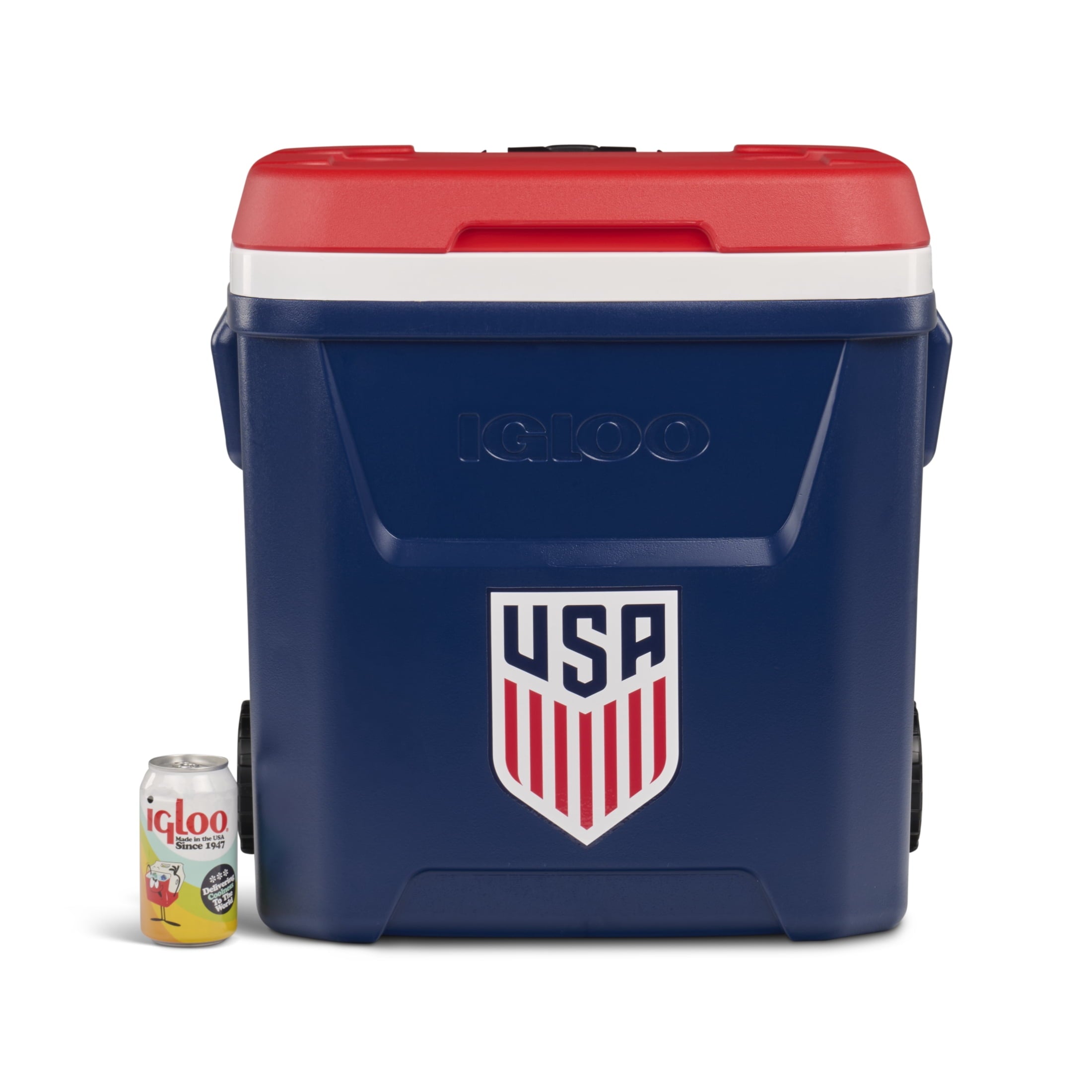 Igloo x USSF 60 QT Laguna Ice Chest Cooler with Wheels - US Soccer Rolling Cooler for Games and Practices, Red White and Blue
