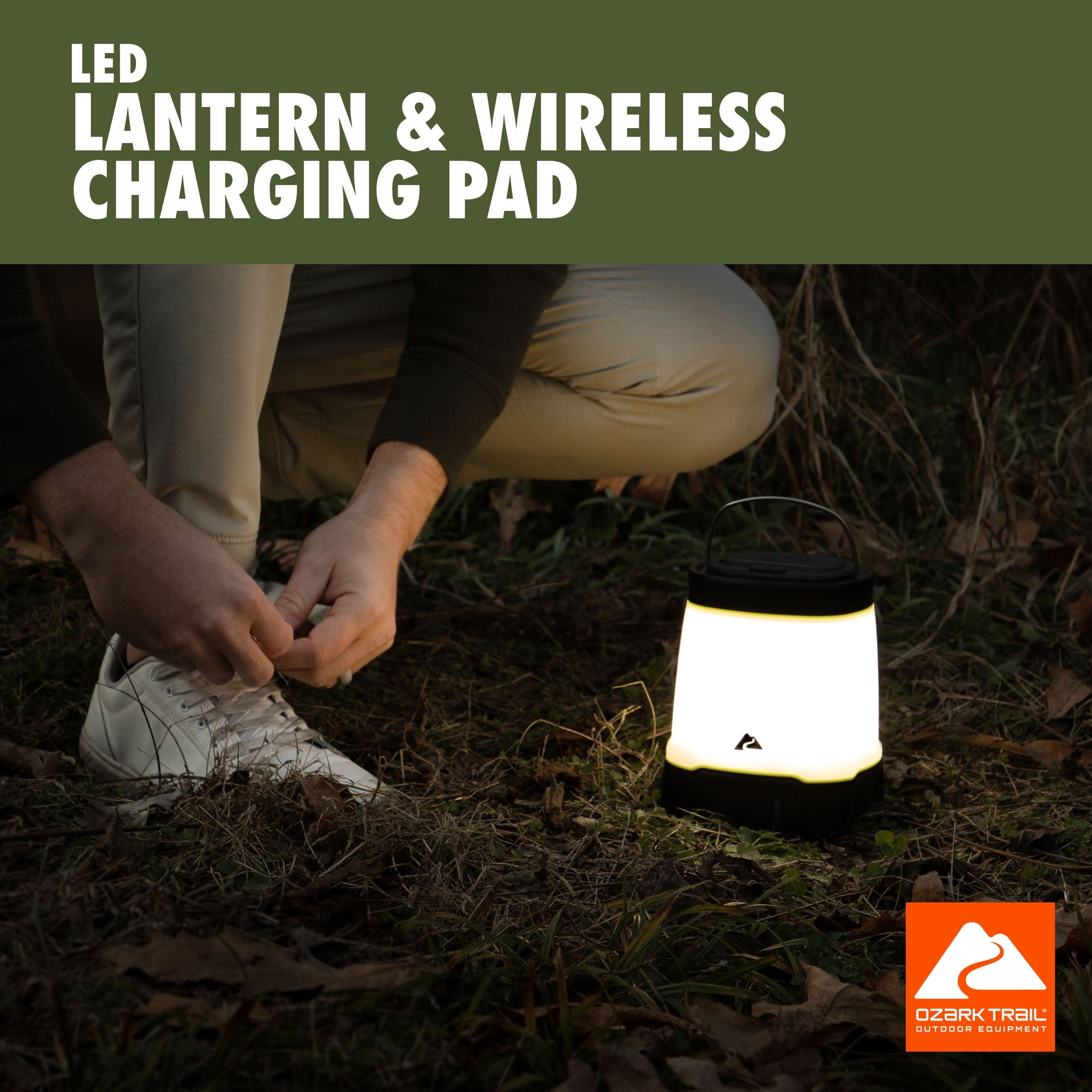 Ozark Trail 4000 Lumen Rechargeable LED Lantern with Qi Wireless Charging Pad – 4 Light Modes - Water-Resistant, Green and Gray