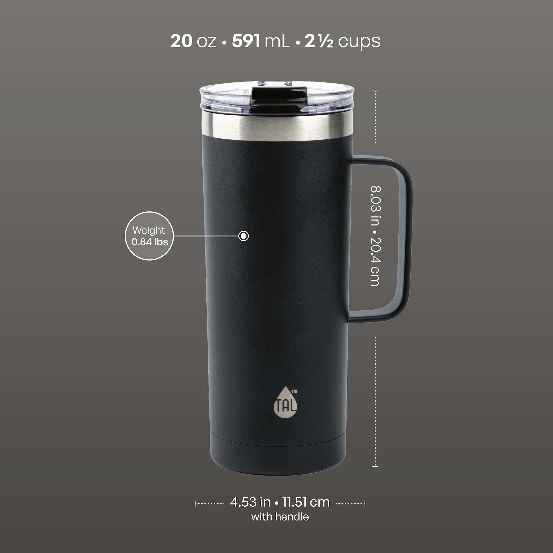 TAL 20 oz Insulated Travel Coffee Mug Black