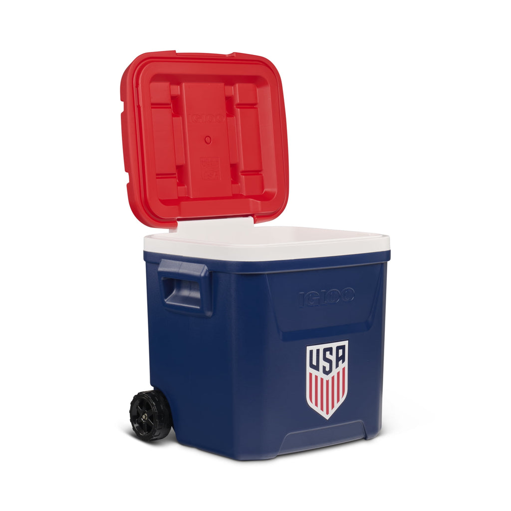 Igloo x USSF 60 QT Laguna Ice Chest Cooler with Wheels - US Soccer Rolling Cooler for Games and Practices, Red White and Blue