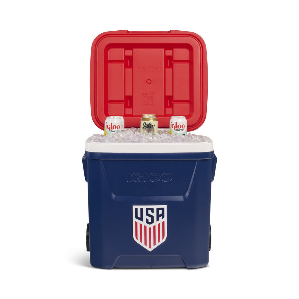 Igloo x USSF 60 QT Laguna Ice Chest Cooler with Wheels - US Soccer Rolling Cooler for Games and Practices, Red White and Blue