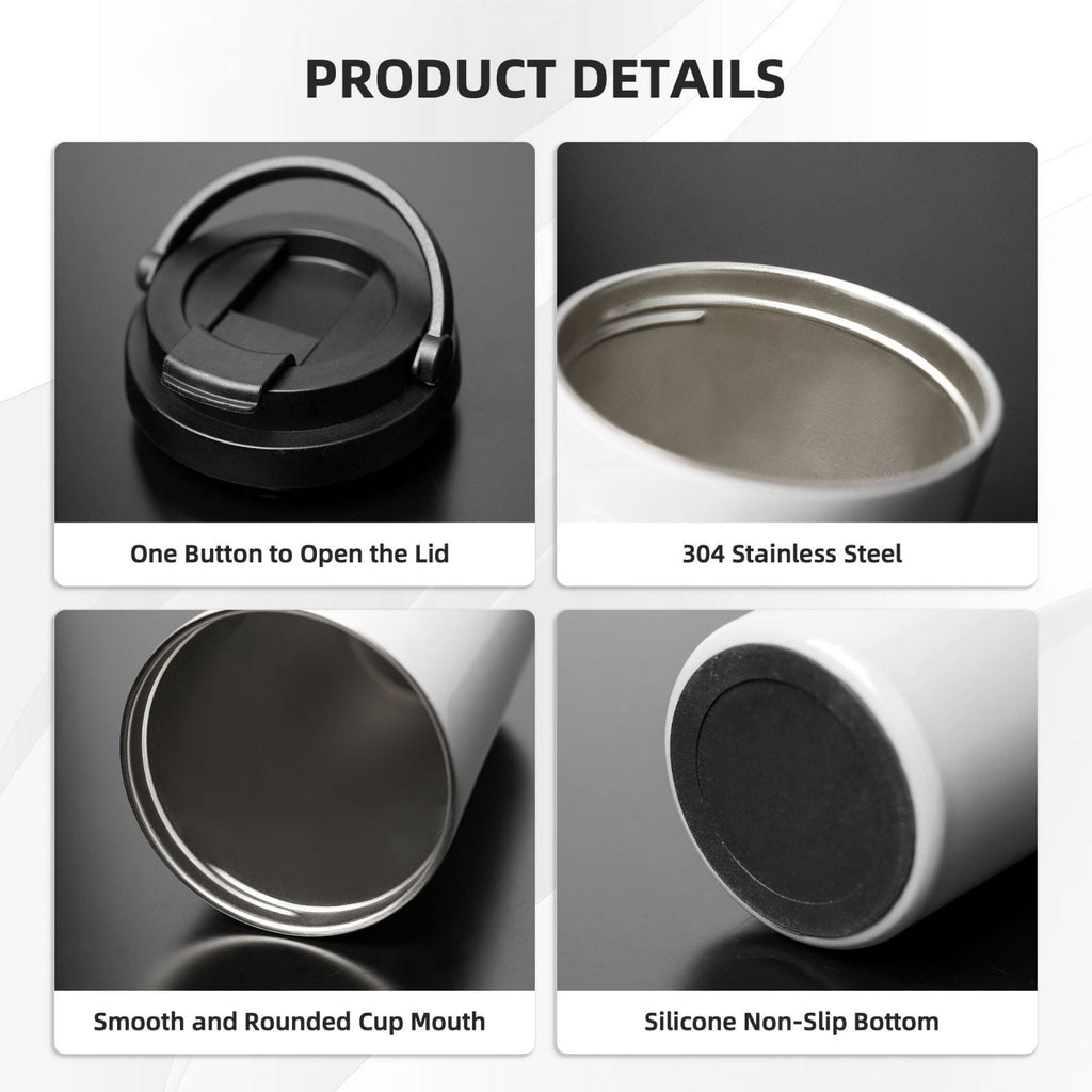 Picia Round Design Pattern 500ml Carry Insulated Coffee Mug - Stainless Steel Travel Mug with Hidden Handle, Leak-Proof for Car, Office, Home, and Outdoor Use