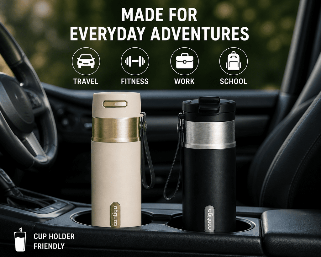 Contigo® 2-Pack Water Bottles – AutoSeal® 24 oz Leakproof Bottle with Carry Strap Oatmeal/Champagne and DualSip 20 oz Insulated Bottle with 2-Way Lid Black/Silver