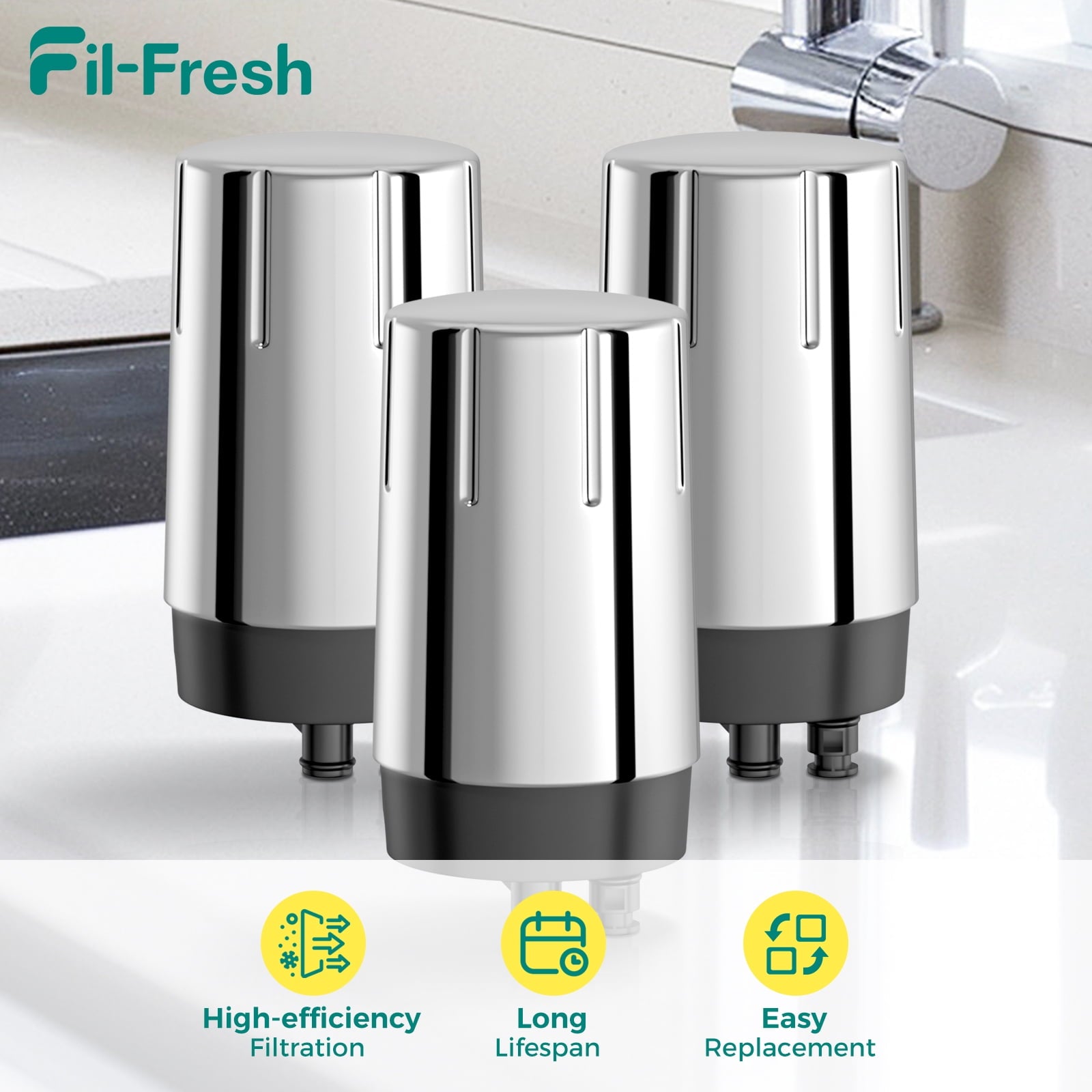 Fil-Fresh 3-Pack Faucet Water Filter - Replacement for Brita Faucet Brita Faucet Water Filter, FR-200, FF-100, Brita 36311 On Tap Faucet Filter System, BPA-Free, 4-Month/100 Gallon, Chrome Finish