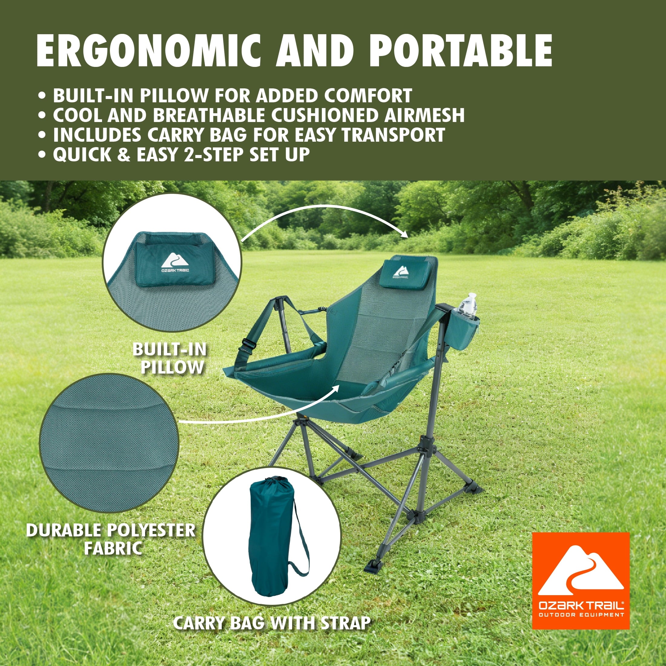 Ozark Trail Swing Hammock Chair with Built-in Pillow - Green