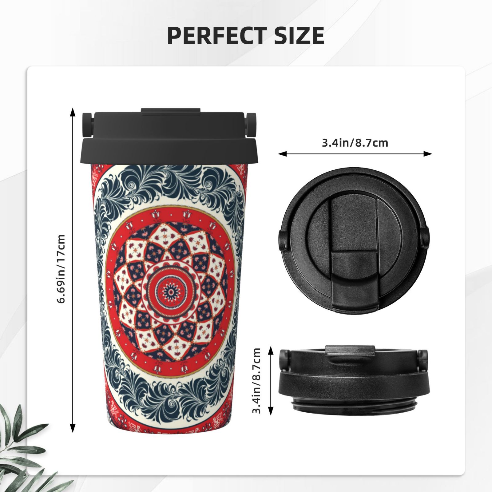 Picia Round Design Pattern 500ml Carry Insulated Coffee Mug - Stainless Steel Travel Mug with Hidden Handle, Leak-Proof for Car, Office, Home, and Outdoor Use
