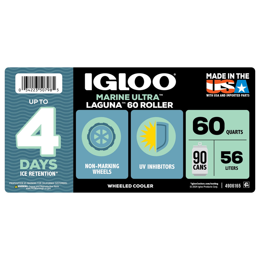 Igloo 60 QT Marine Ice Chest Cooler with Wheels - White