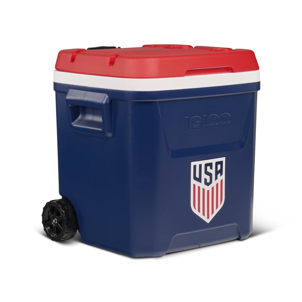 Igloo x USSF 60 QT Laguna Ice Chest Cooler with Wheels - US Soccer Rolling Cooler for Games and Practices, Red White and Blue
