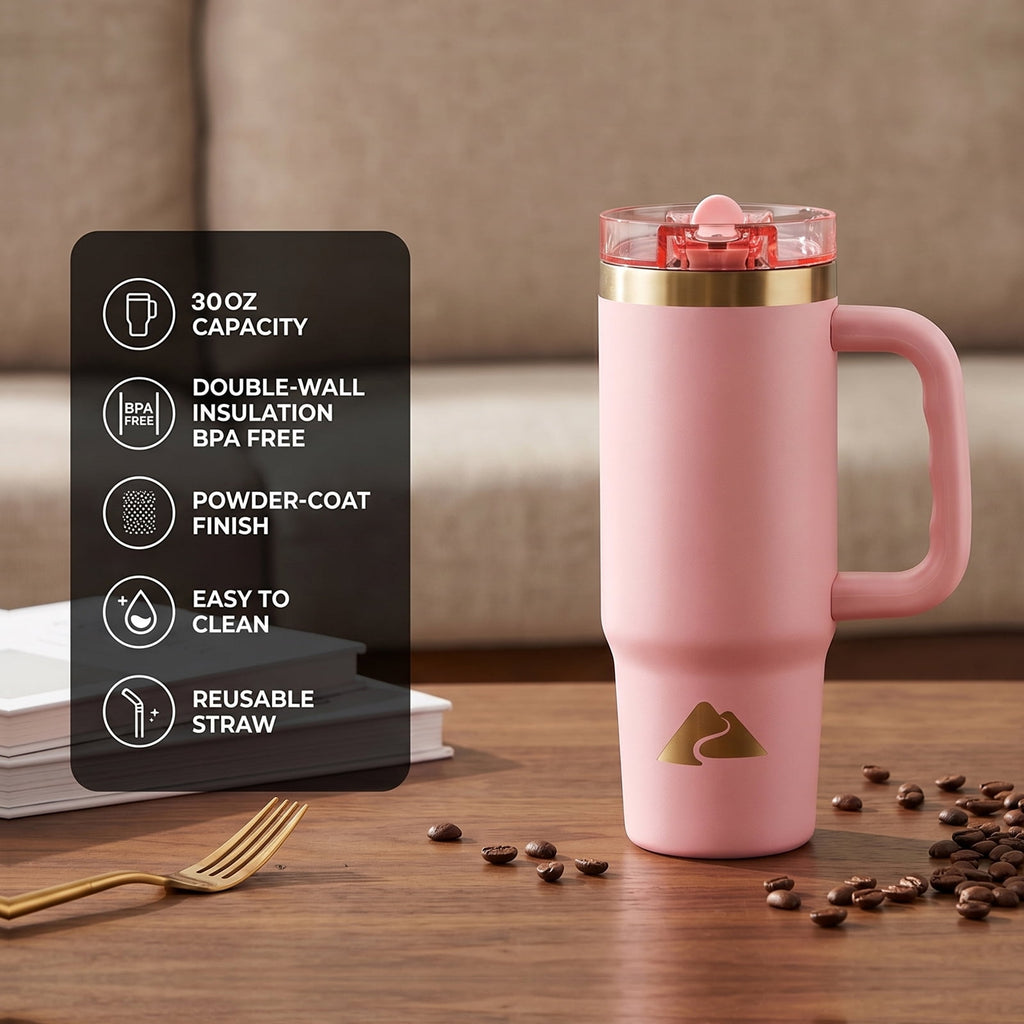 Ozark Trail 30 oz Stainless Steel Insulated Travel Tumbler with Handle and Flip Straw Lid - Rose Shimmer