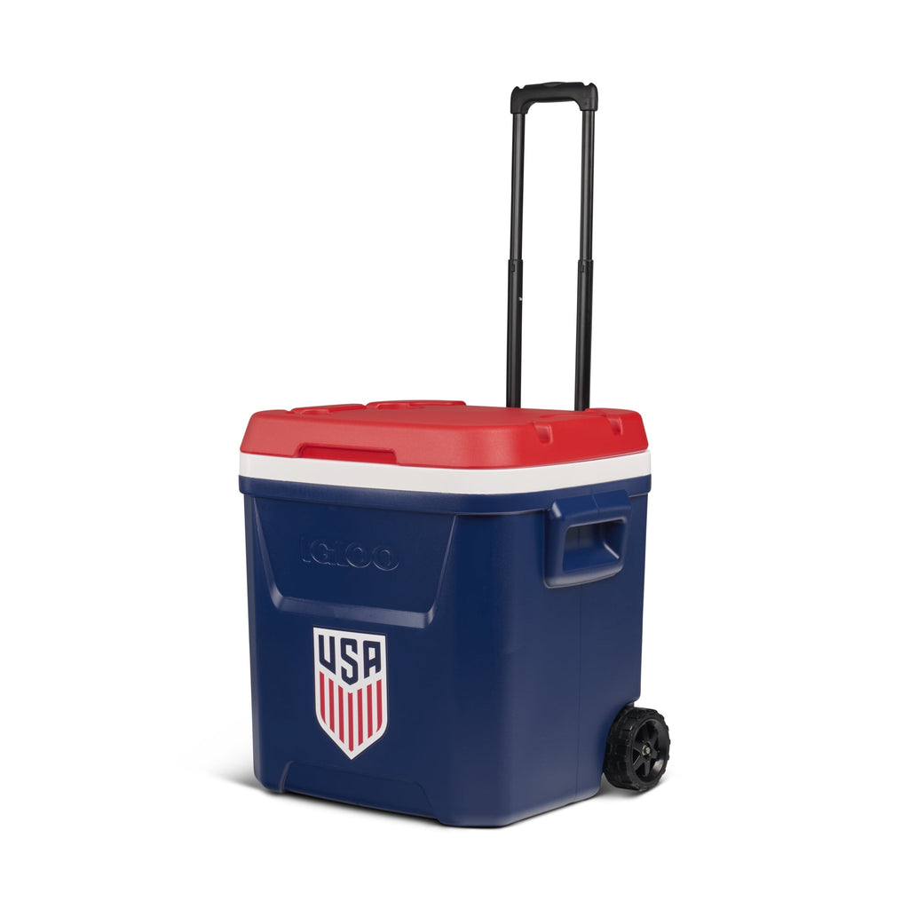 Igloo x USSF 60 QT Laguna Ice Chest Cooler with Wheels - US Soccer Rolling Cooler for Games and Practices, Red White and Blue