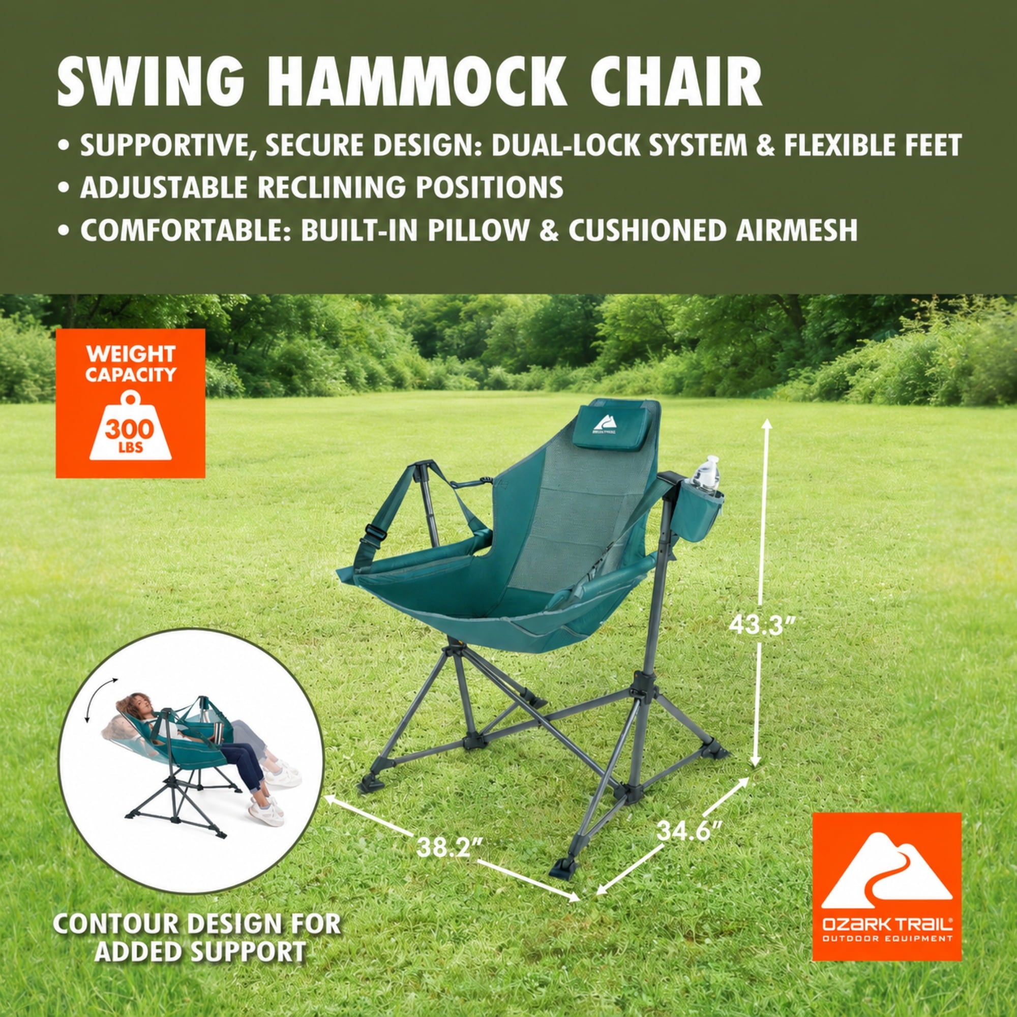 Ozark Trail Swing Hammock Chair with Built-in Pillow - Green