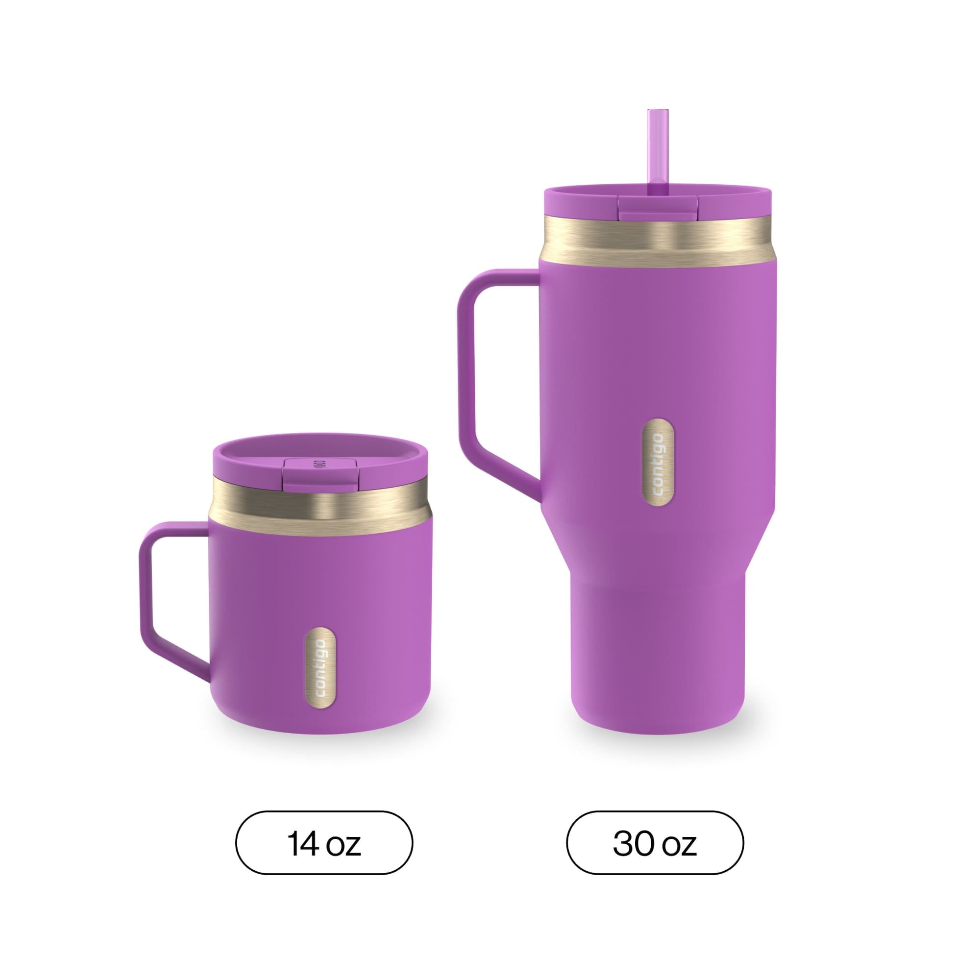 Contigo 30 oz Stainless Steel Water Bottle Tumbler with Straw – Leak-Proof Insulated Travel Mug - Reusable Water Bottle, Side Handle, Purple/Champagne