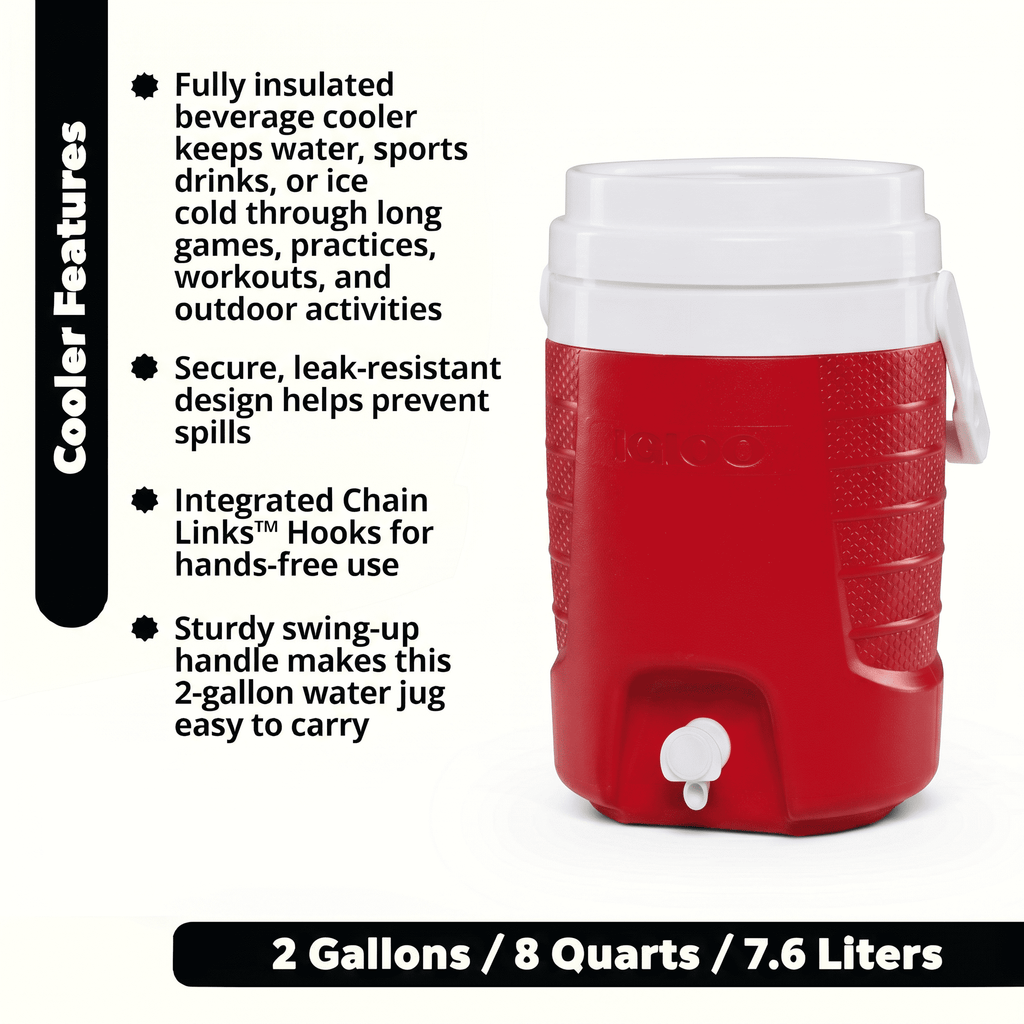 Igloo 2 Gallon Sports Plastic Beverage Jug with Hooks - Red