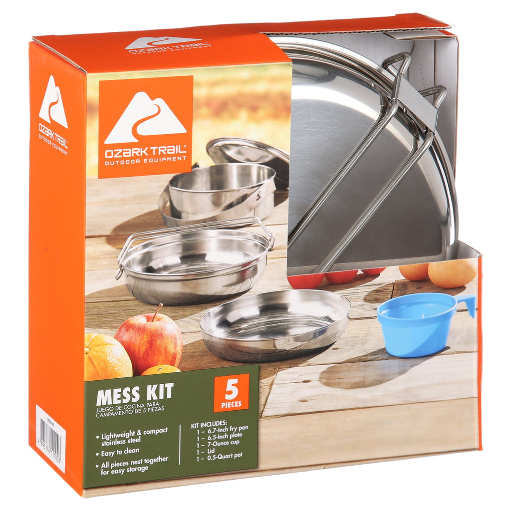 Ozark Trail 5-Piece Stainless Steel - Aluminum, and Plastic Space-Saving Cookware Camping Mess Kit