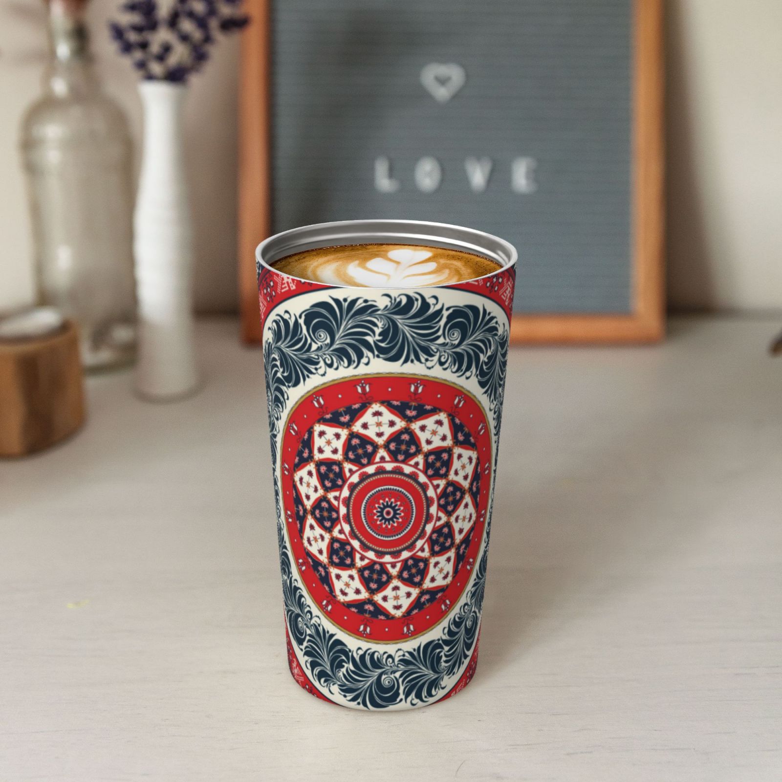 Picia Round Design Pattern 500ml Carry Insulated Coffee Mug - Stainless Steel Travel Mug with Hidden Handle, Leak-Proof for Car, Office, Home, and Outdoor Use