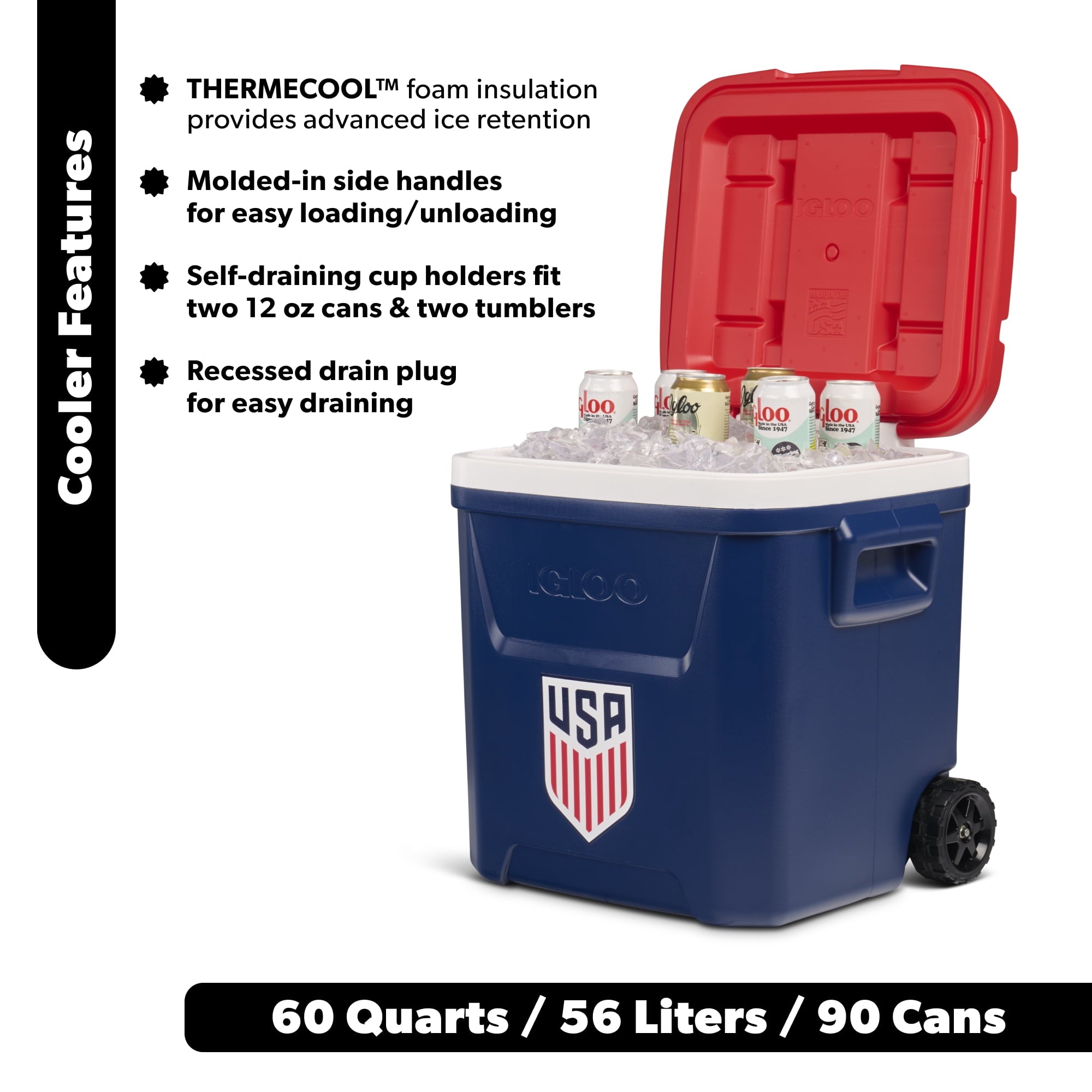 Igloo x USSF 60 QT Laguna Ice Chest Cooler with Wheels - US Soccer Rolling Cooler for Games and Practices, Red White and Blue