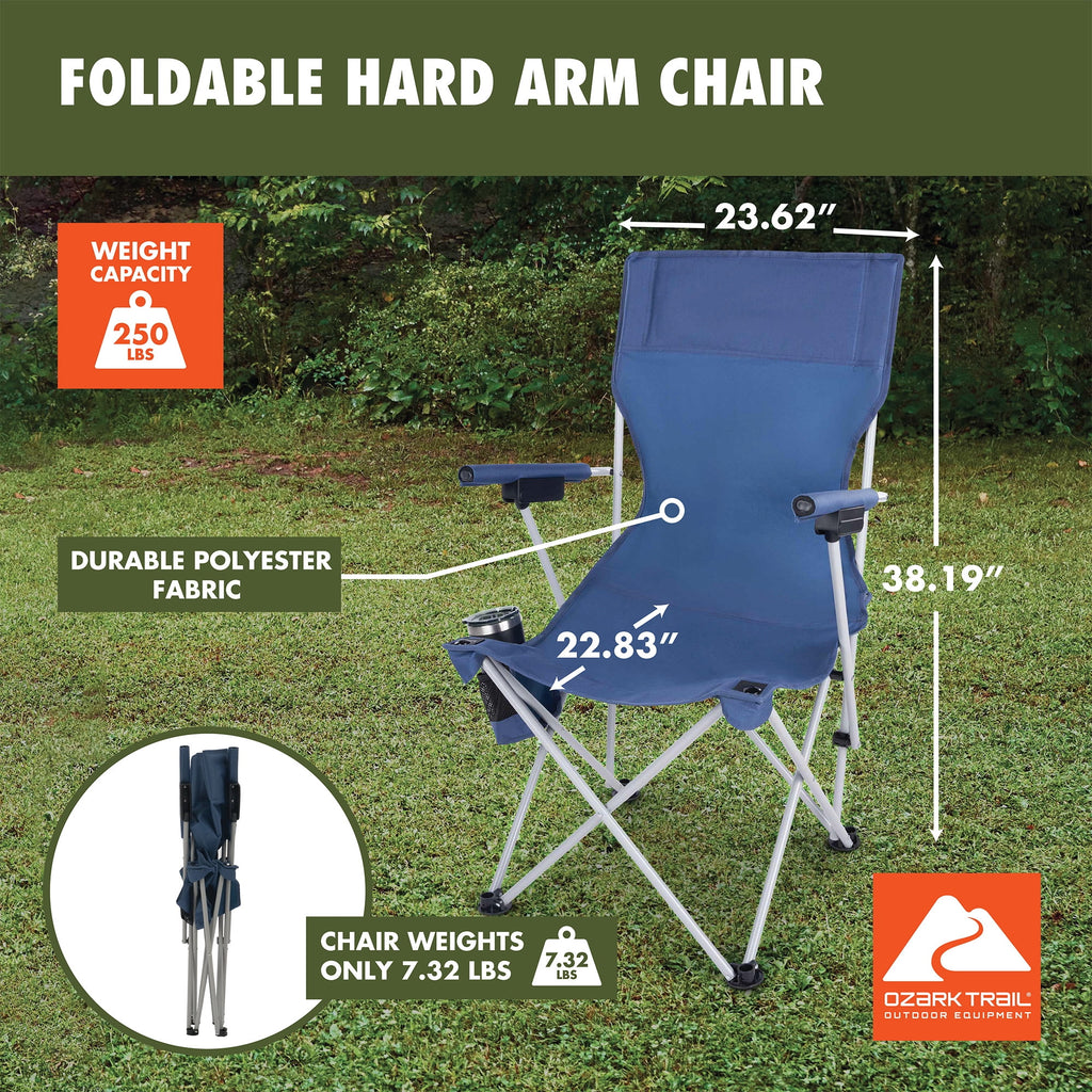 Ozark Trail Hard Arm Camping Chair with Durable Polyester Seat and Steel Frame - Portable with Cup Holder