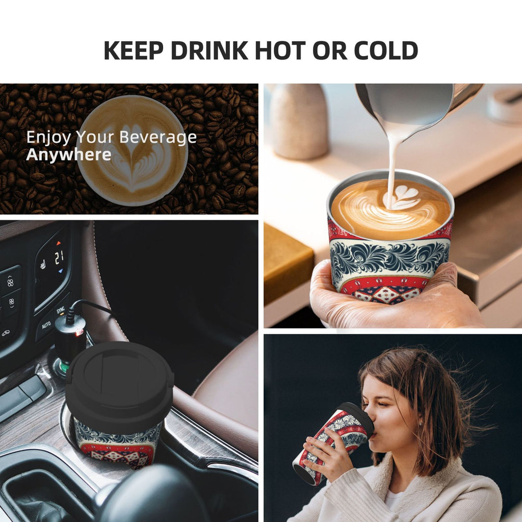 Picia Round Design Pattern 500ml Carry Insulated Coffee Mug - Stainless Steel Travel Mug with Hidden Handle, Leak-Proof for Car, Office, Home, and Outdoor Use