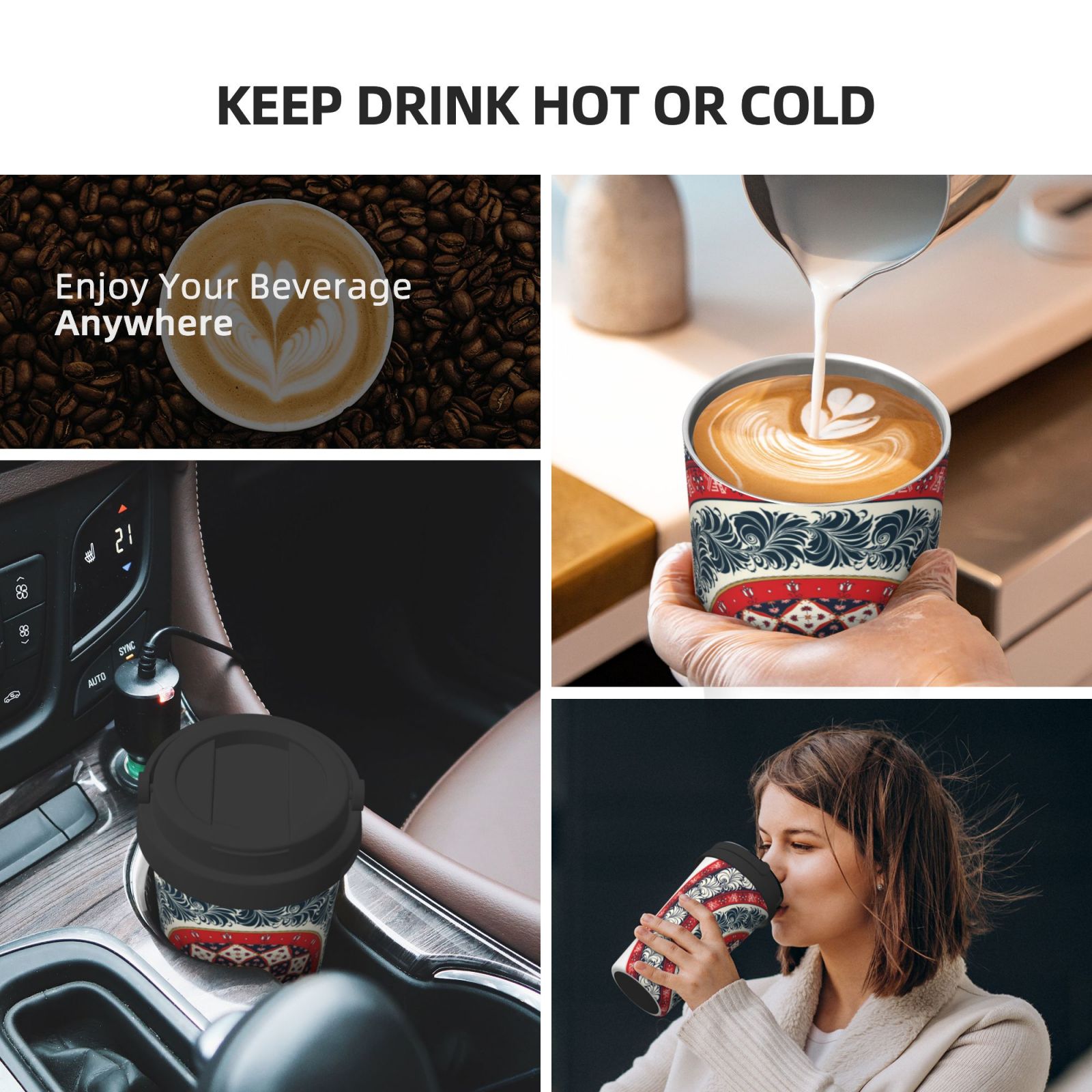 Picia Round Design Pattern 500ml Carry Insulated Coffee Mug - Stainless Steel Travel Mug with Hidden Handle, Leak-Proof for Car, Office, Home, and Outdoor Use