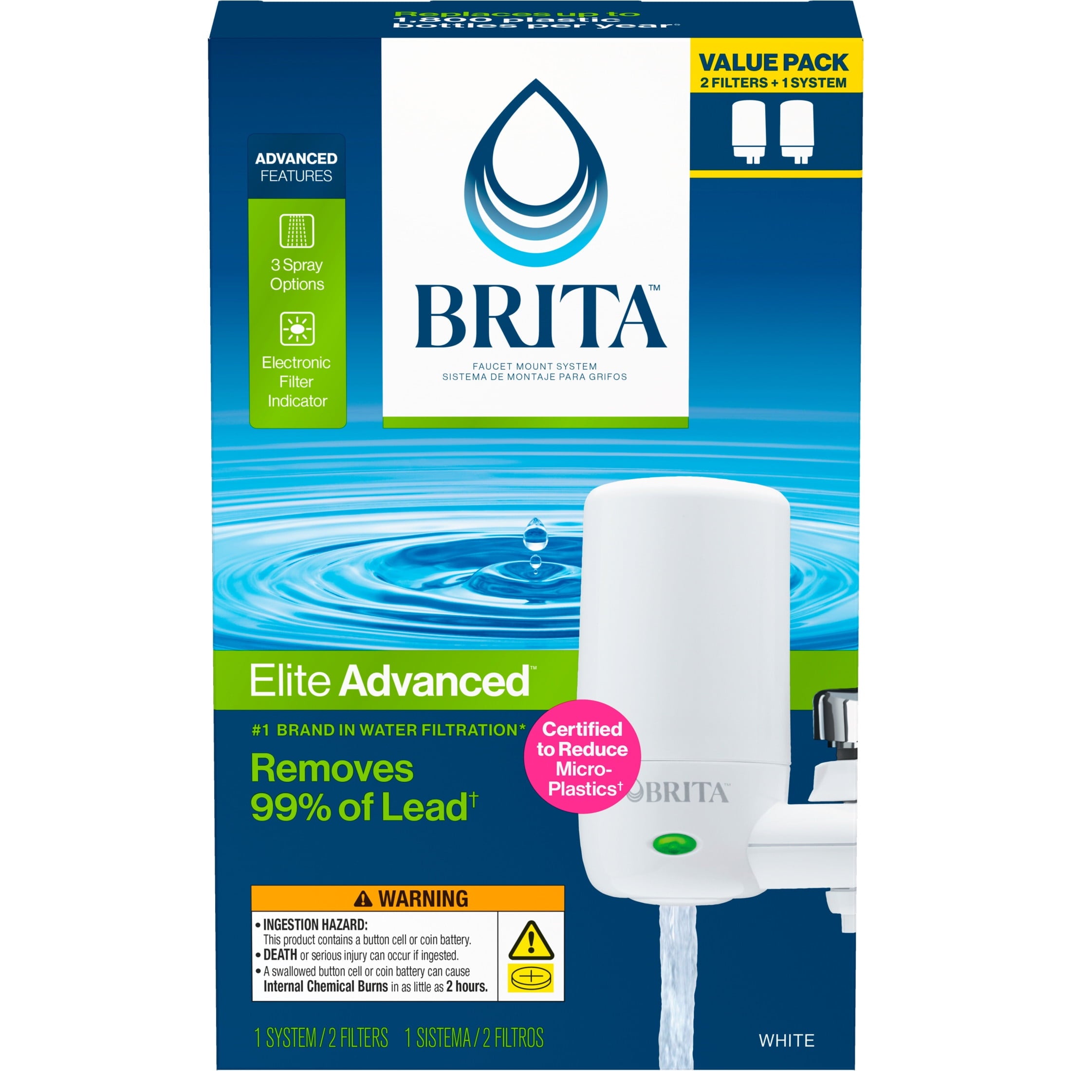 Brita Elite Advanced White - Faucet Water Filter System, 2 Replacement Filters, Reduces Lead