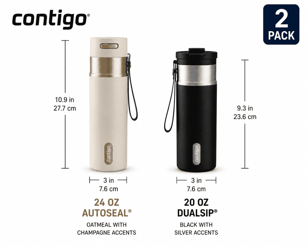 Contigo® 2-Pack Water Bottles – AutoSeal® 24 oz Leakproof Bottle with Carry Strap Oatmeal/Champagne and DualSip 20 oz Insulated Bottle with 2-Way Lid Black/Silver