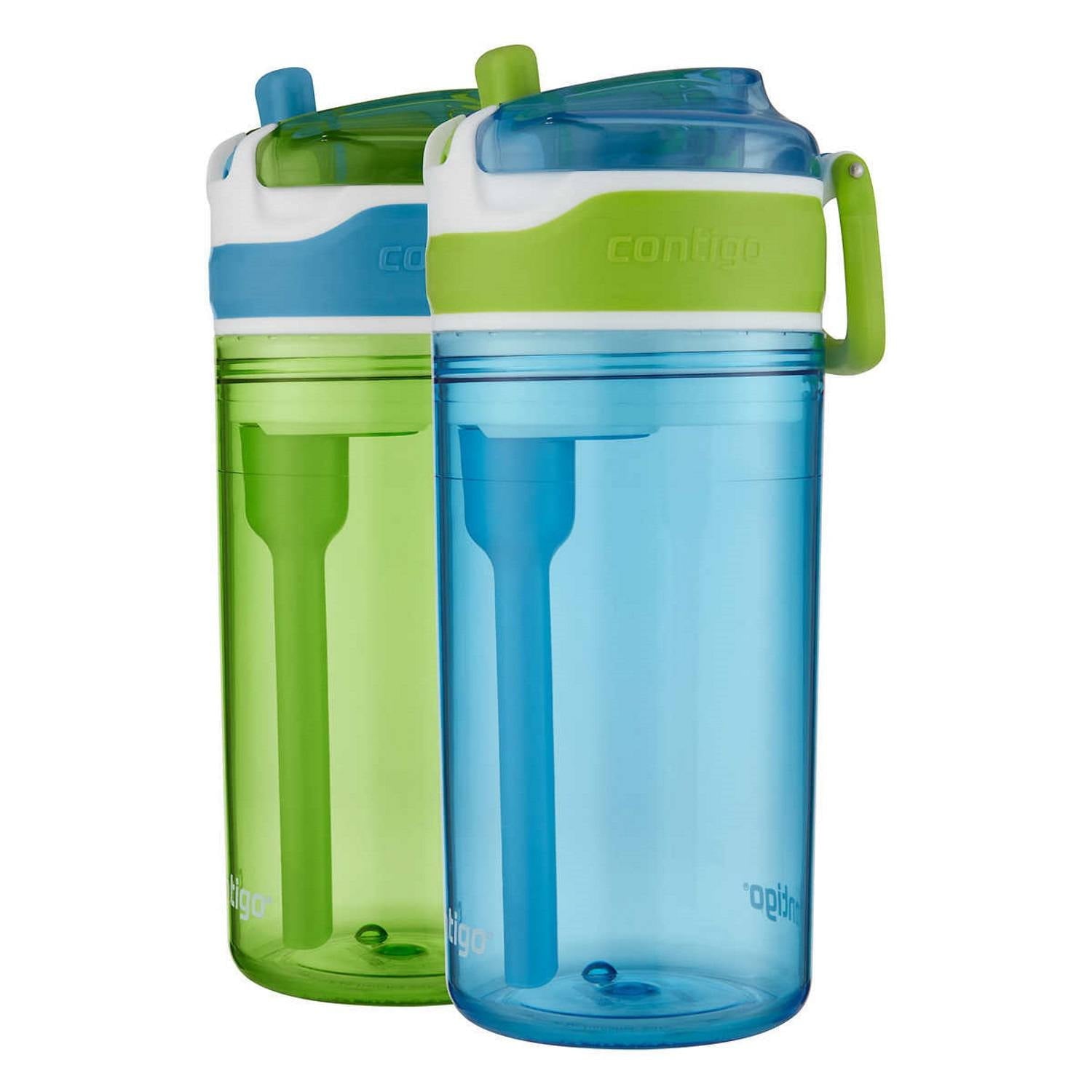 Contigo Kids 2-in-1 Snack Hero Tumbler Featuring 4oz Snack Holder Stacked on Top of 13oz Water Bottle - BPA Free - Durable Tritan w/Flexible Carry Handle & Spill-Proof Valve, Green & Blue – 2 Pack