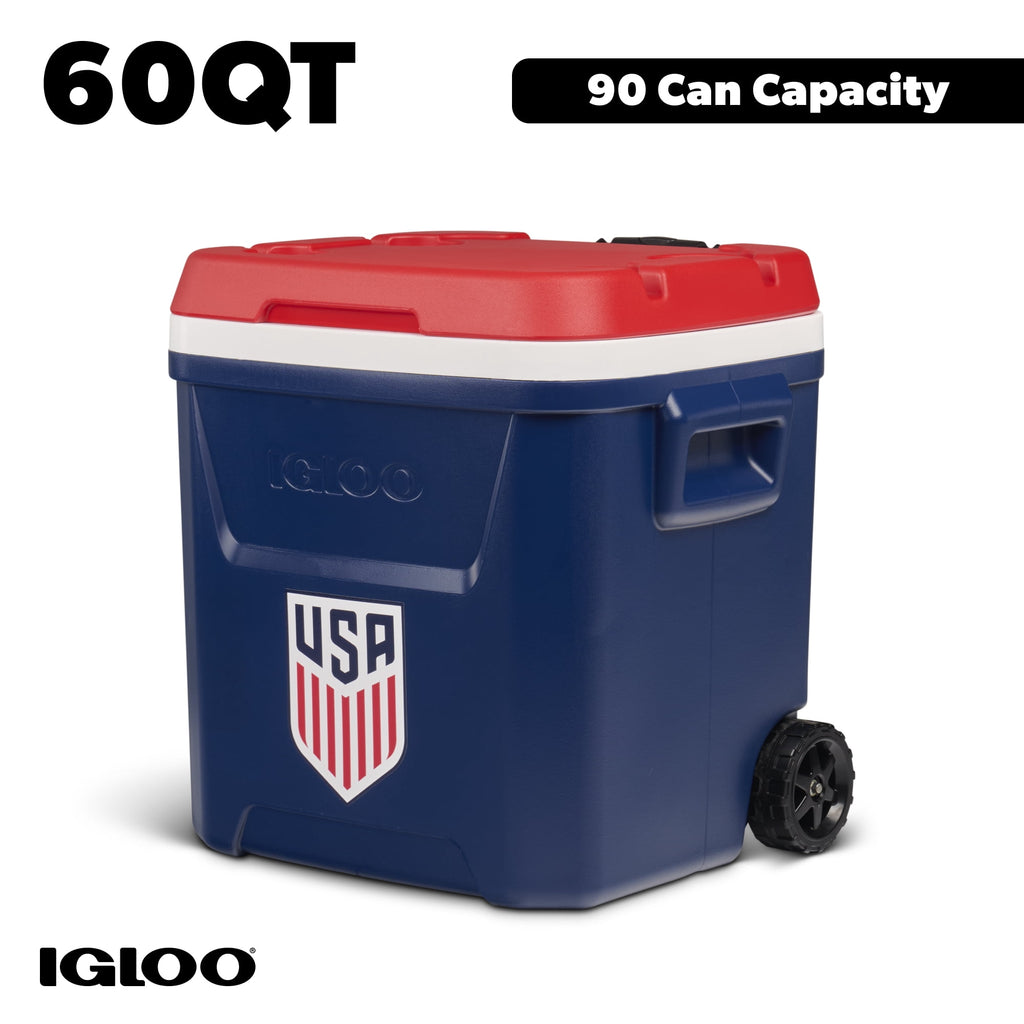 Igloo x USSF 60 QT Laguna Ice Chest Cooler with Wheels - US Soccer Rolling Cooler for Games and Practices, Red White and Blue