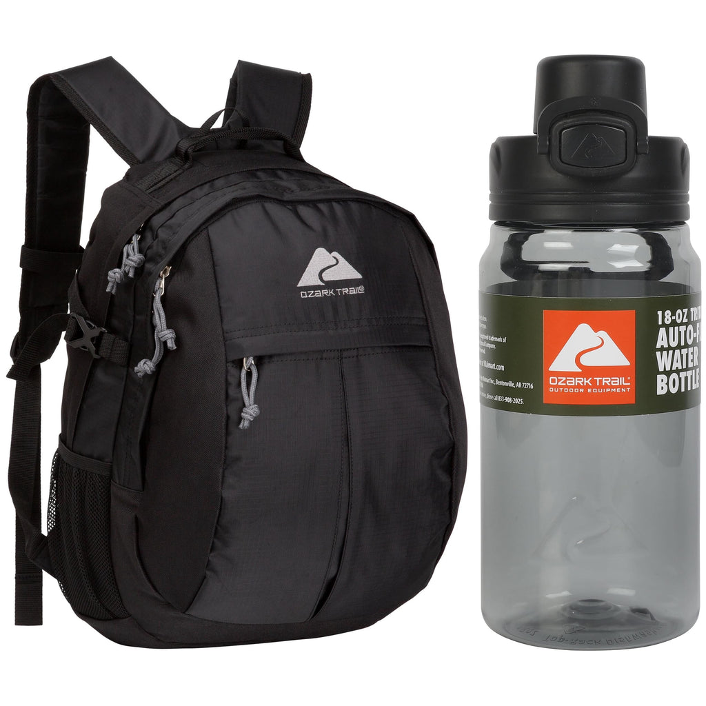 Ozark Trail Hiker Backpack 25 Liter - Black, Polyester, Adult, Teen + Ozark Trail 18 oz Tritan Flip-Top Water Bottle, Gray