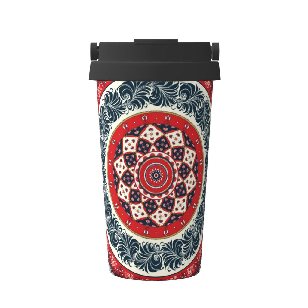 Picia Round Design Pattern 500ml Carry Insulated Coffee Mug - Stainless Steel Travel Mug with Hidden Handle, Leak-Proof for Car, Office, Home, and Outdoor Use