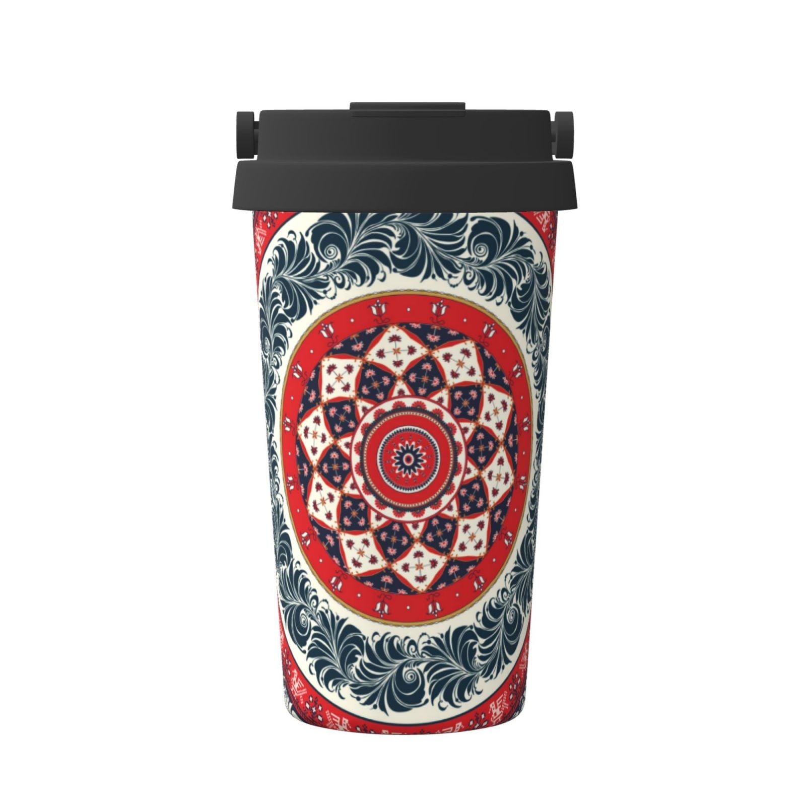 Picia Round Design Pattern 500ml Carry Insulated Coffee Mug - Stainless Steel Travel Mug with Hidden Handle, Leak-Proof for Car, Office, Home, and Outdoor Use