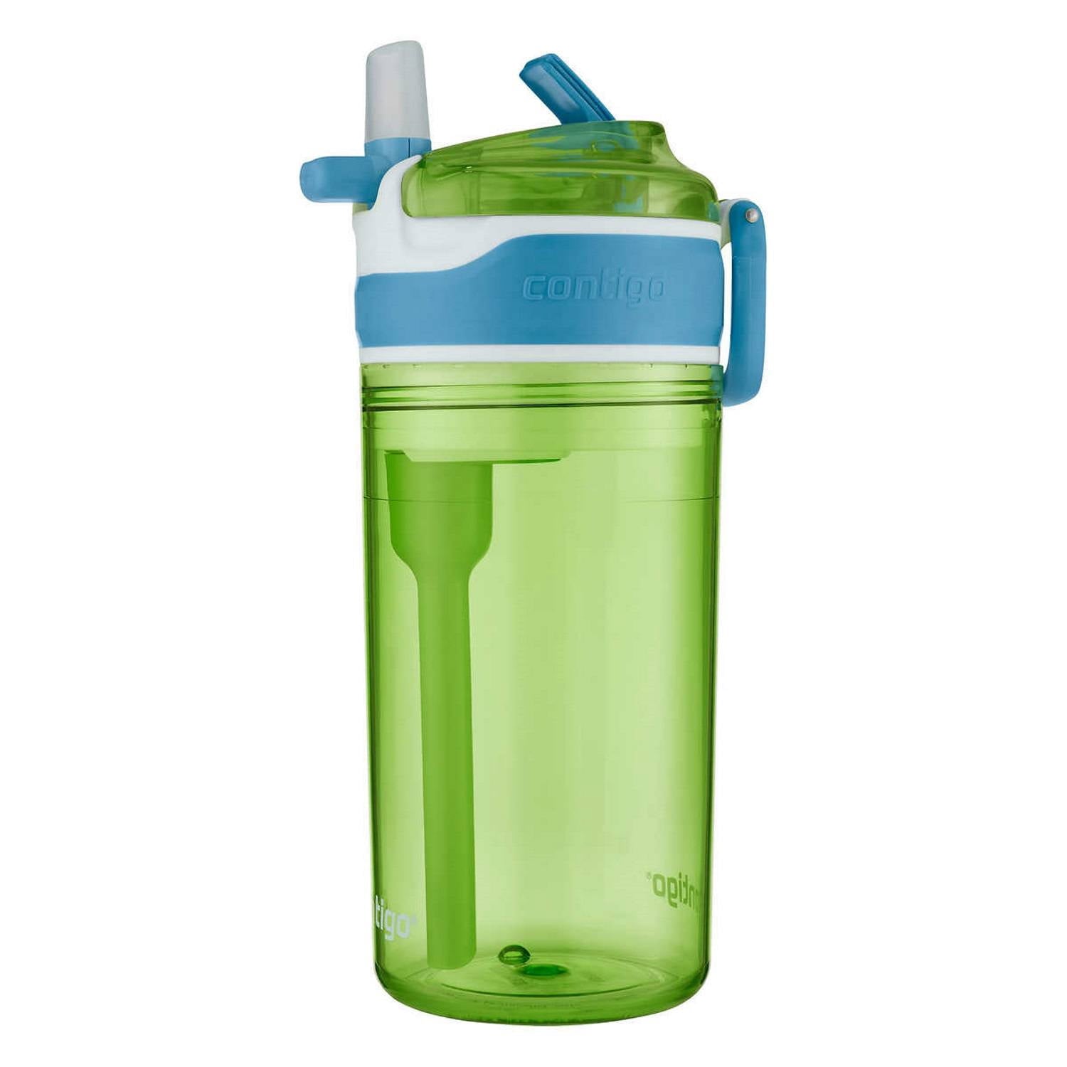 Contigo Kids 2-in-1 Snack Hero Tumbler Featuring 4oz Snack Holder Stacked on Top of 13oz Water Bottle - BPA Free - Durable Tritan w/Flexible Carry Handle & Spill-Proof Valve, Green & Blue – 2 Pack