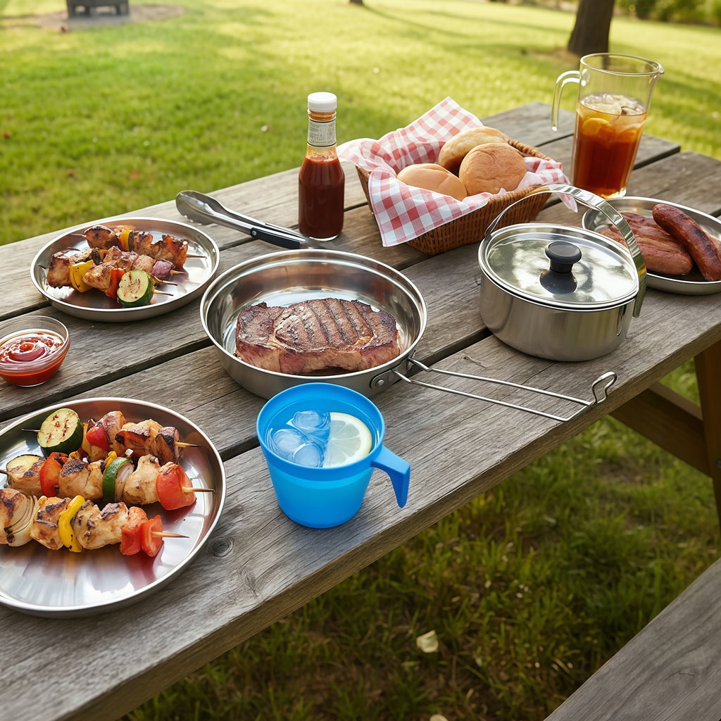 Ozark Trail 5-Piece Stainless Steel - Aluminum, and Plastic Space-Saving Cookware Camping Mess Kit