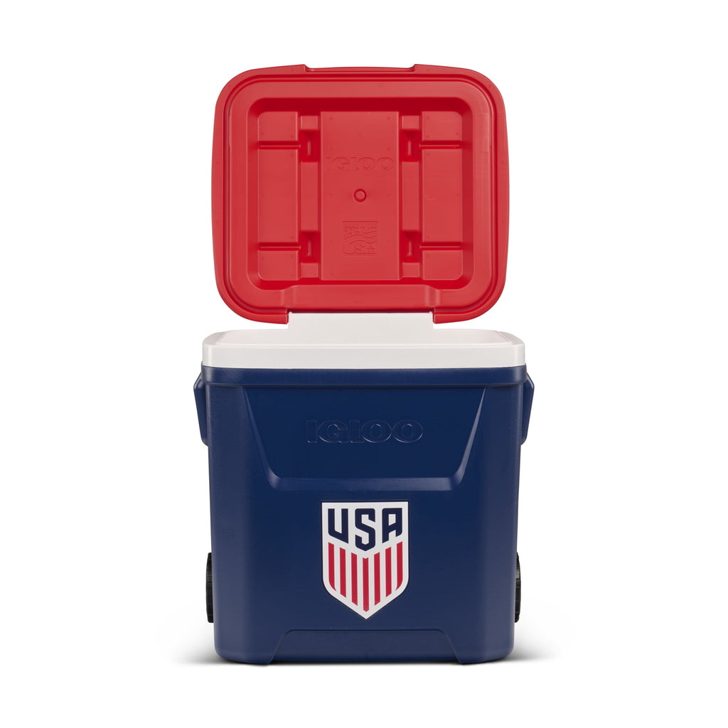Igloo x USSF 60 QT Laguna Ice Chest Cooler with Wheels - US Soccer Rolling Cooler for Games and Practices, Red White and Blue